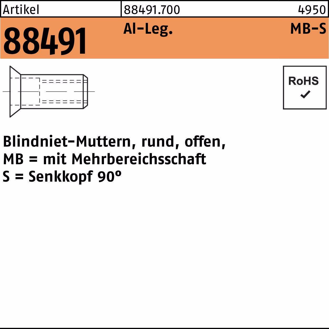 Blindnietmutter R 88491 SEKO M4/1,5 - 6,0 Aluminium 500 Stück