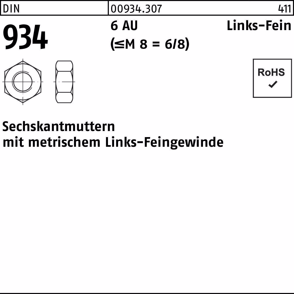 Sechskantmutter DIN 934 links M22x 1,5 -LH 6 Automatenstahl 25 Stück