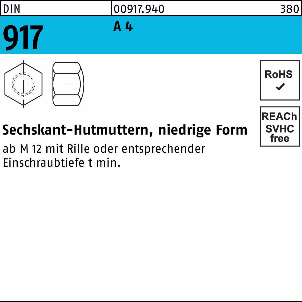 Sechskanthutmutter DIN 917 niedrige FormM6 A 4 50 Stück