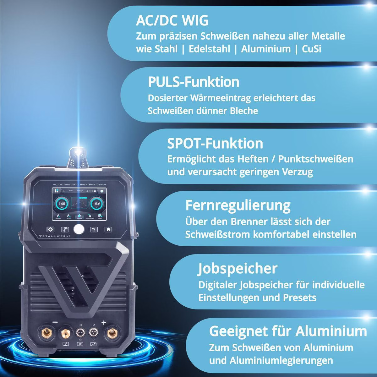 Schutzgasschweißgerät AC/DC WIG 200 Puls Pro Touch Einzelgerät m.Zub