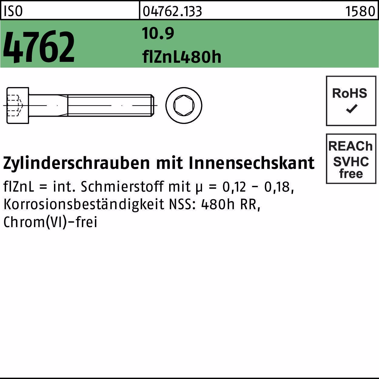 Zylinderschraube ISO 4762 Innen-6kt M8x20 10.9 zinklamellenb. 200St.