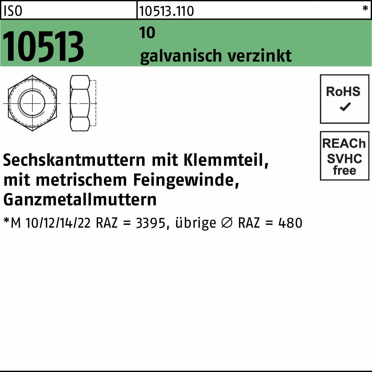 Sechskantmutter ISO 10513 m.Klemmteil 10 galv.verz.