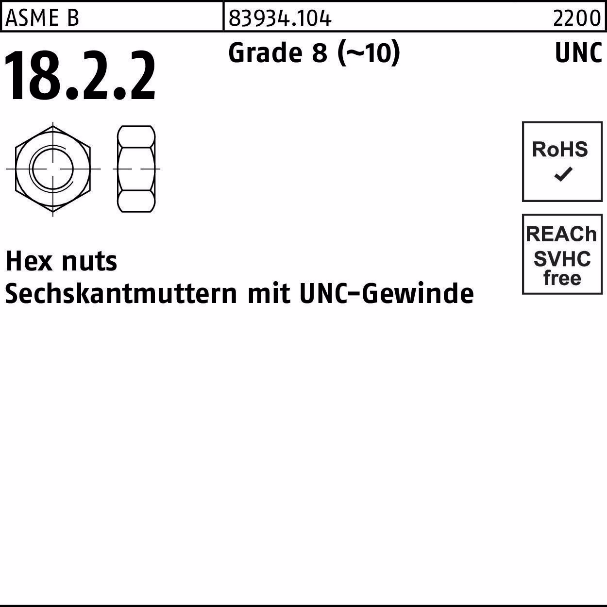 Sechskantmutter R 83934 UNC-Gewinde 9/16 Grade 8 (~10) 50 Stück