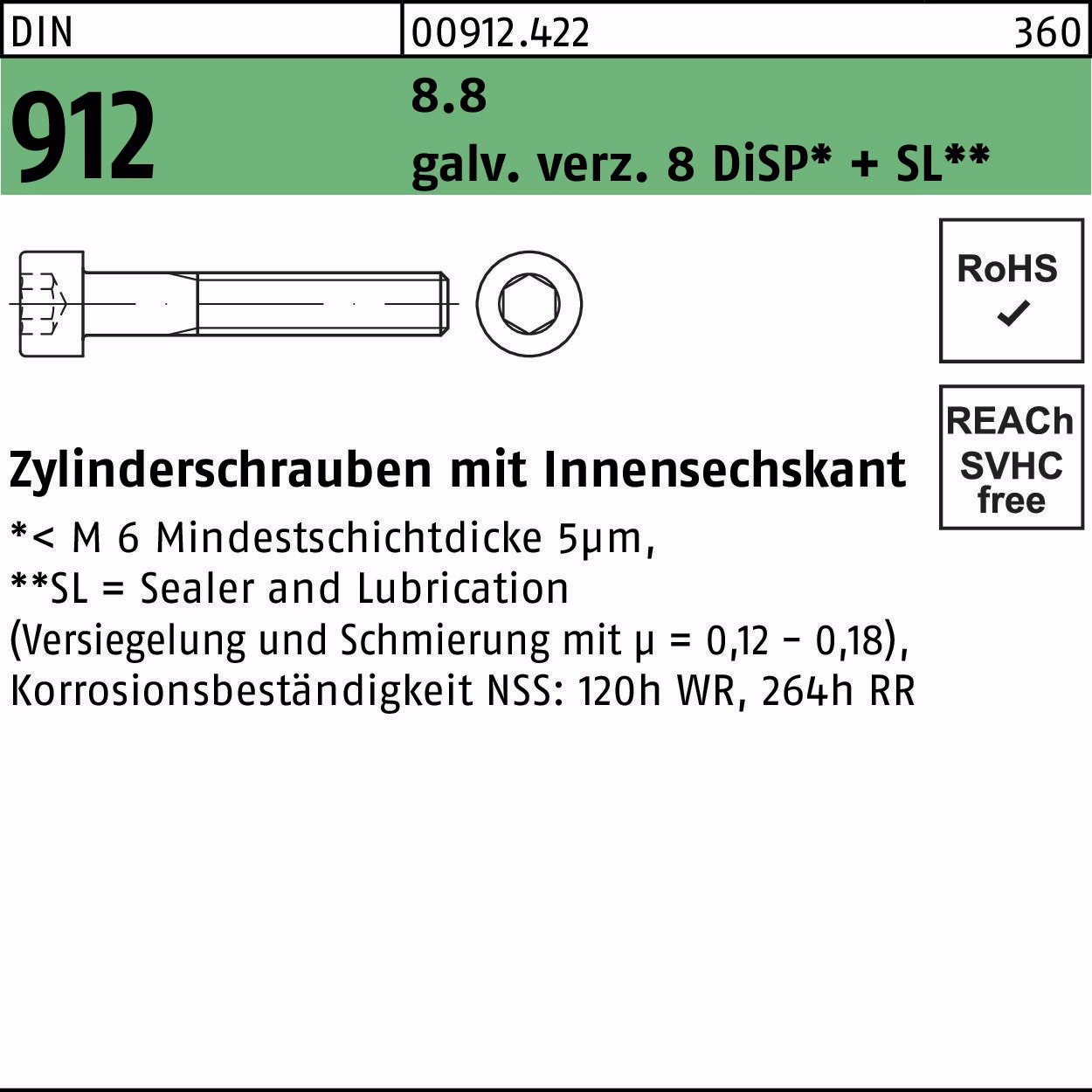 Zylinderschraube DIN 912 Innen-6kt 8.8 gal Zn DiSP + SL
