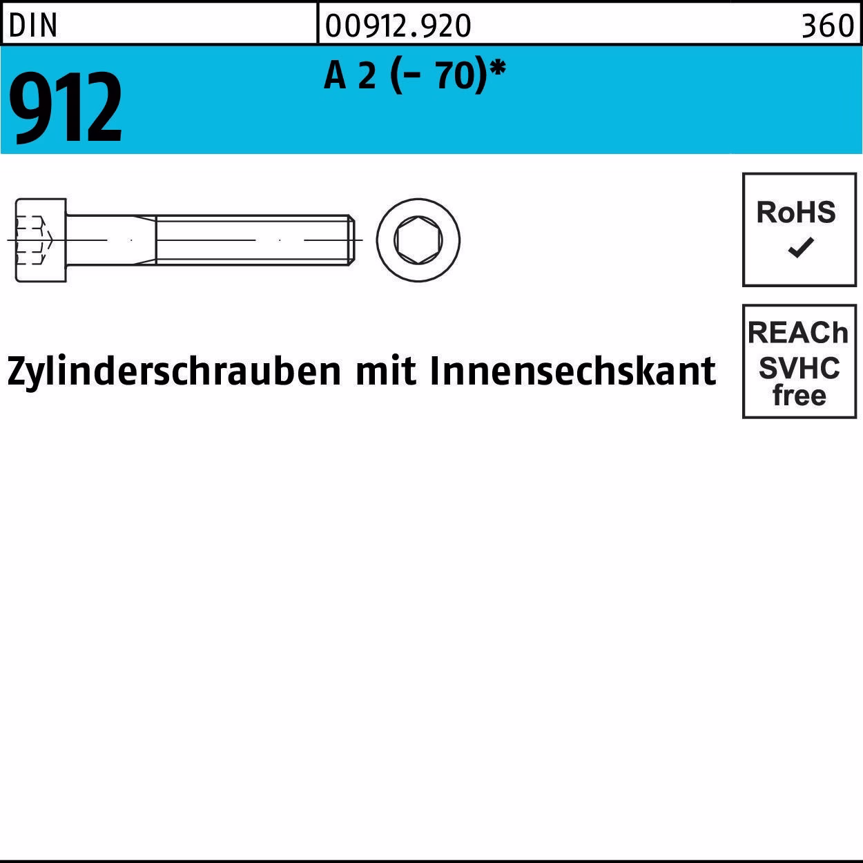 Zylinderschraube DIN 912 Innen-6kt M2,5x 20 A 2 (- 70) 100 Stück