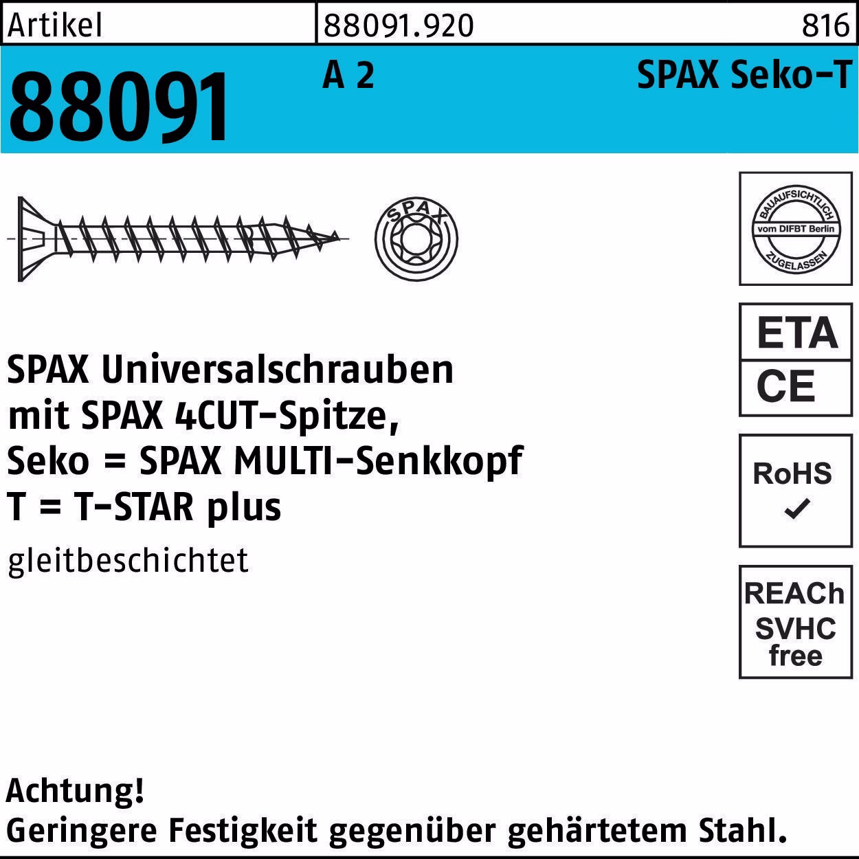 Schraube R 88091 SEKO T-STAR 3,5x 35/30-T20 A 2 200 Stück