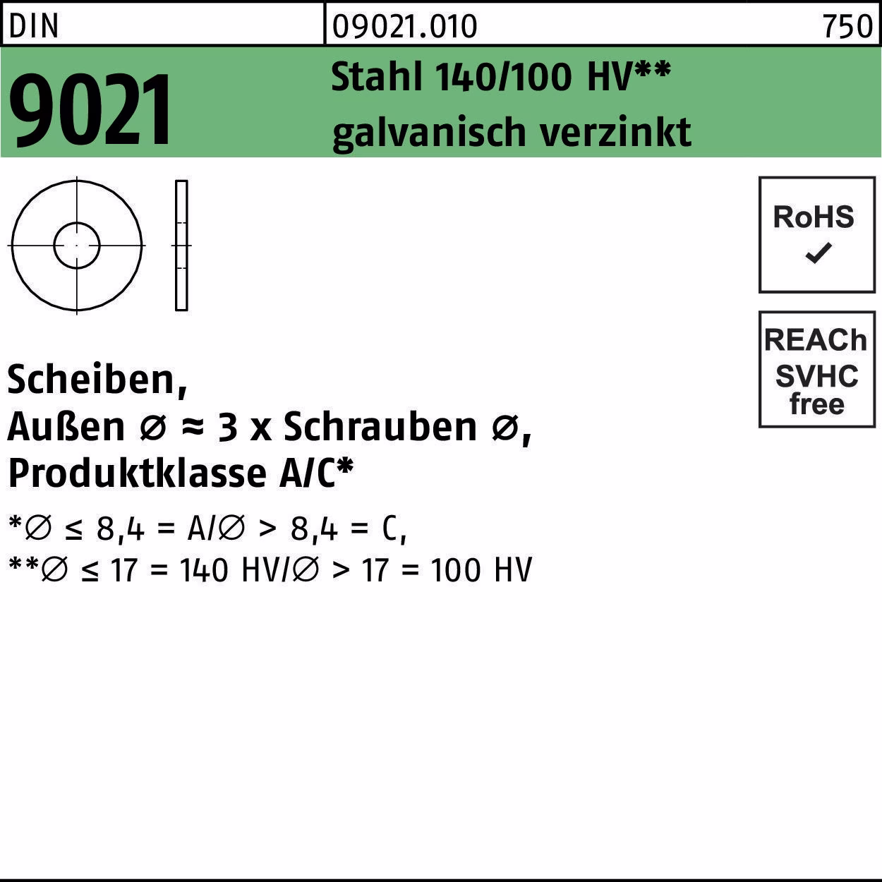 Unterlegscheibe DIN 9021 Stahl 140/100 HV galv.verz.