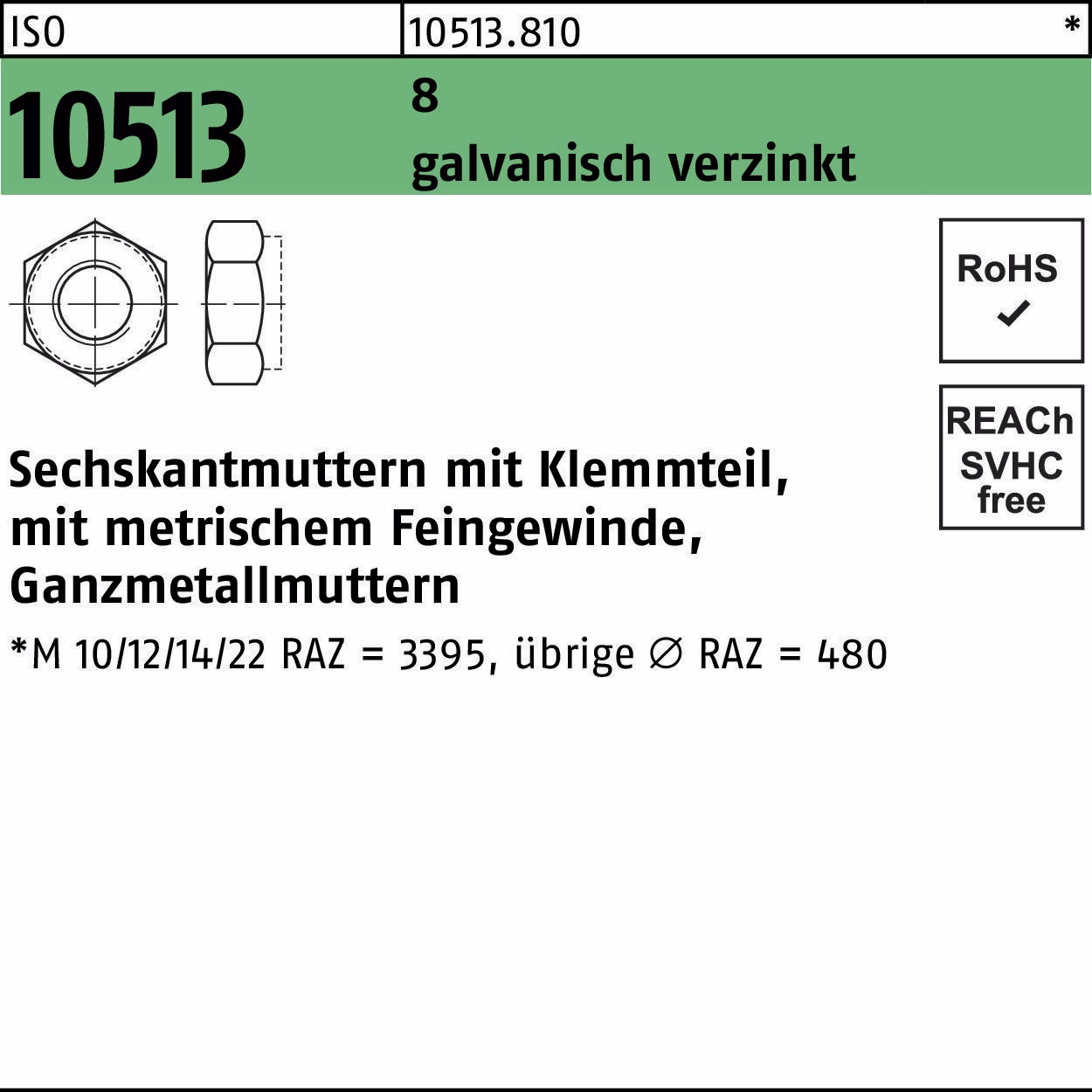 Sechskantmutter ISO 10513 m.Klemmteil 8 galv.verz.