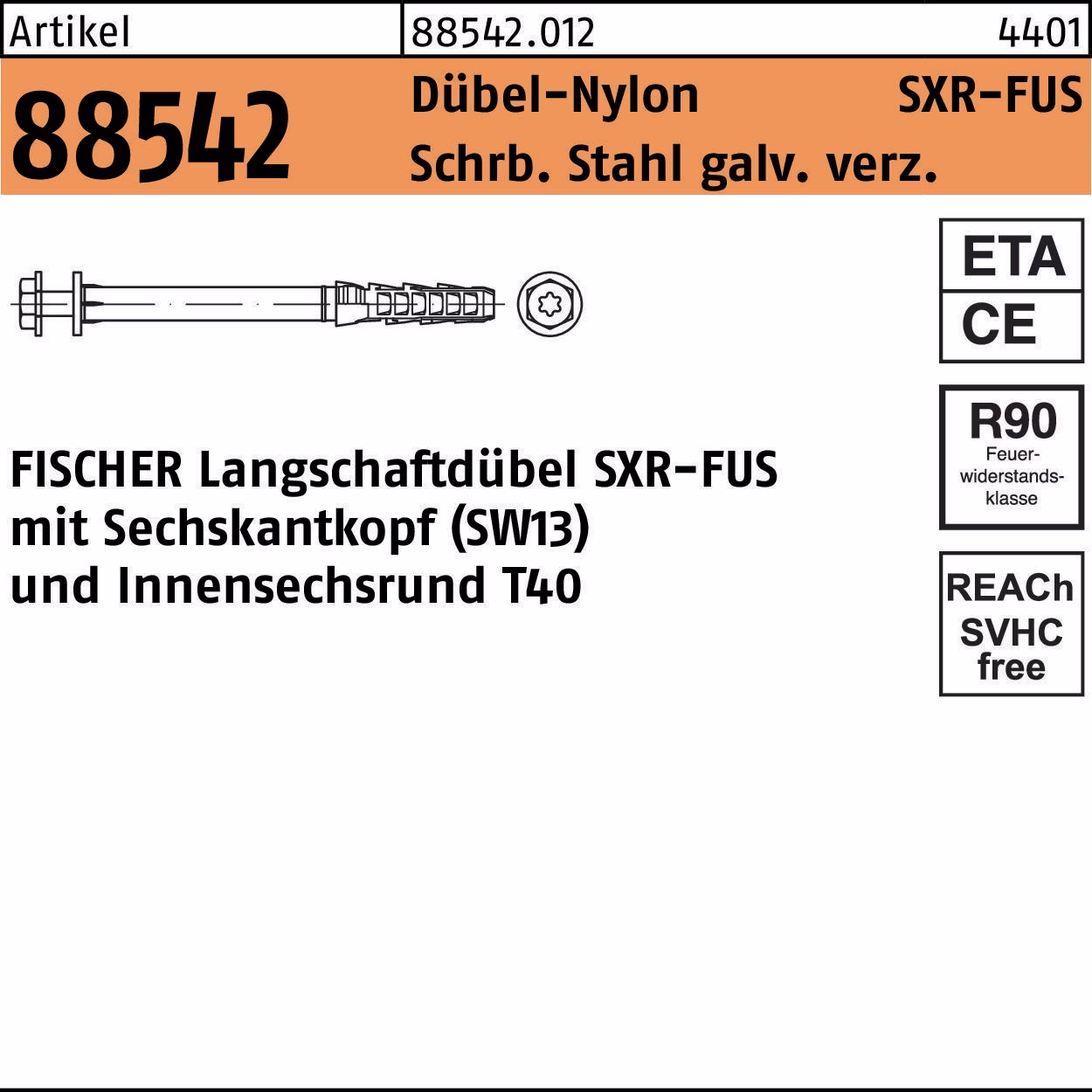 Rahmendübel R 88542 SXR 10x 60 FUS Schraube Sta verz./Dübel-Nylon 50St