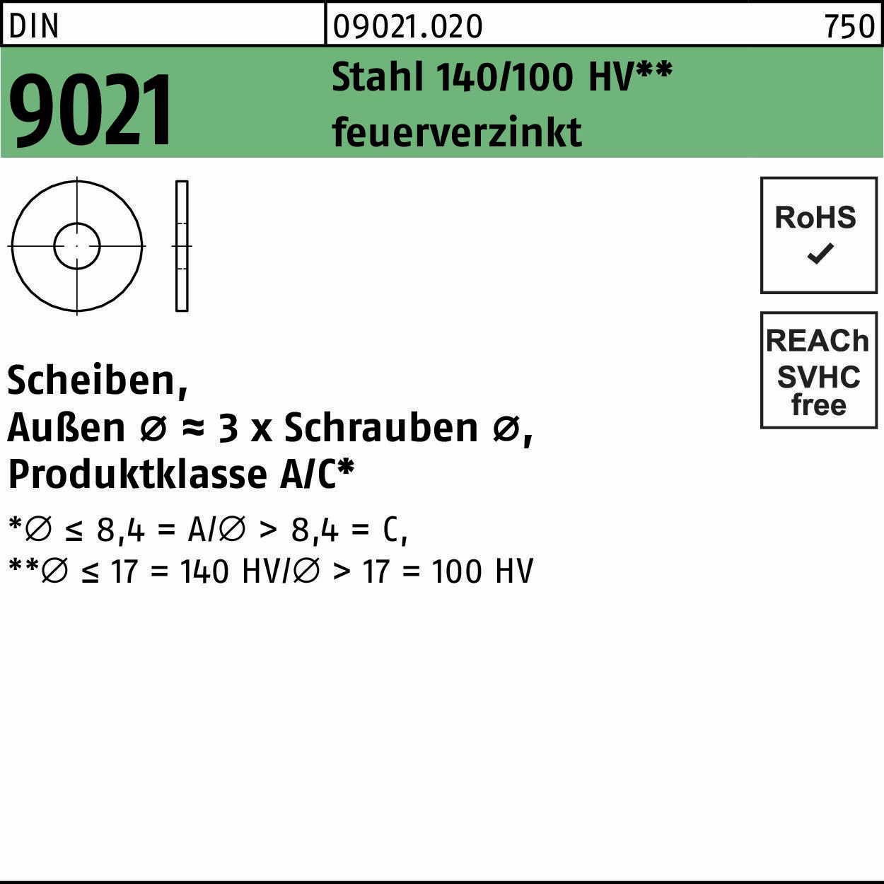 Unterlegscheibe DIN 9021 Stahl 140/100 HV feuerverz.