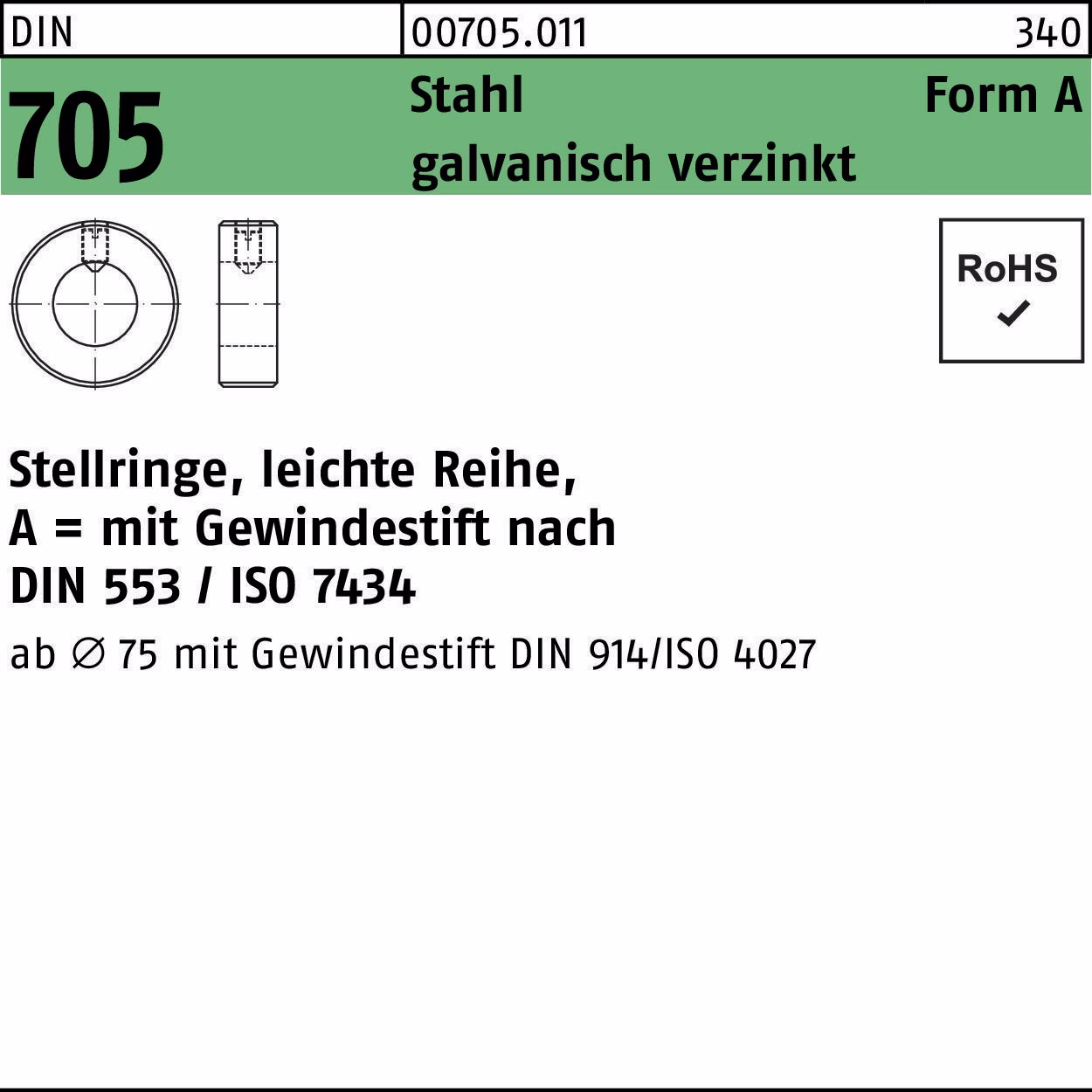 Stellring DIN 705 Gewindestift A 6x12x8 Sta galv.verz. leichte Reihe 25St.