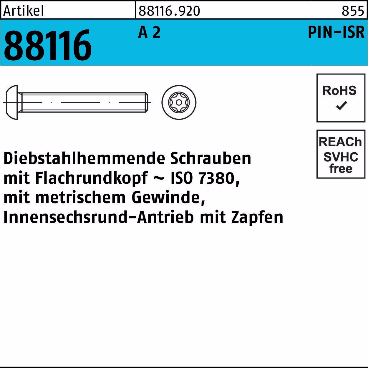 Schraube R 88116 diebstahlhemmend ISR Zapfen A 2 100