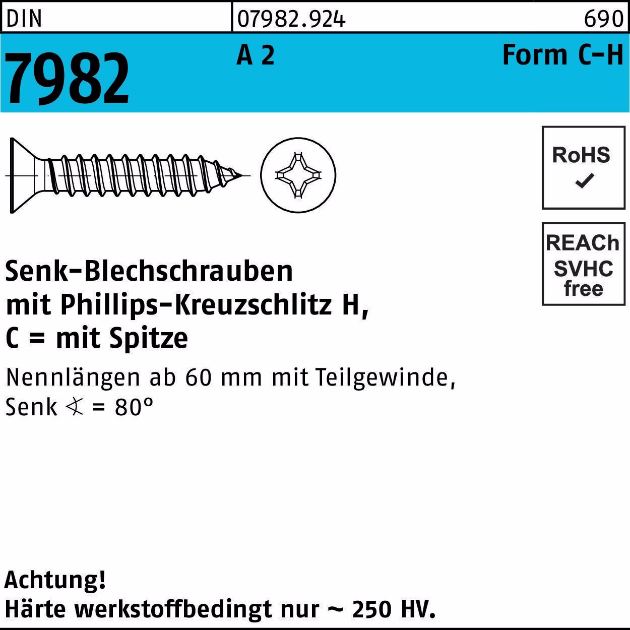 Senkblechschraube DIN 7982 PH/Spitze C 2,9x 9,5-H A 2 100 Stück