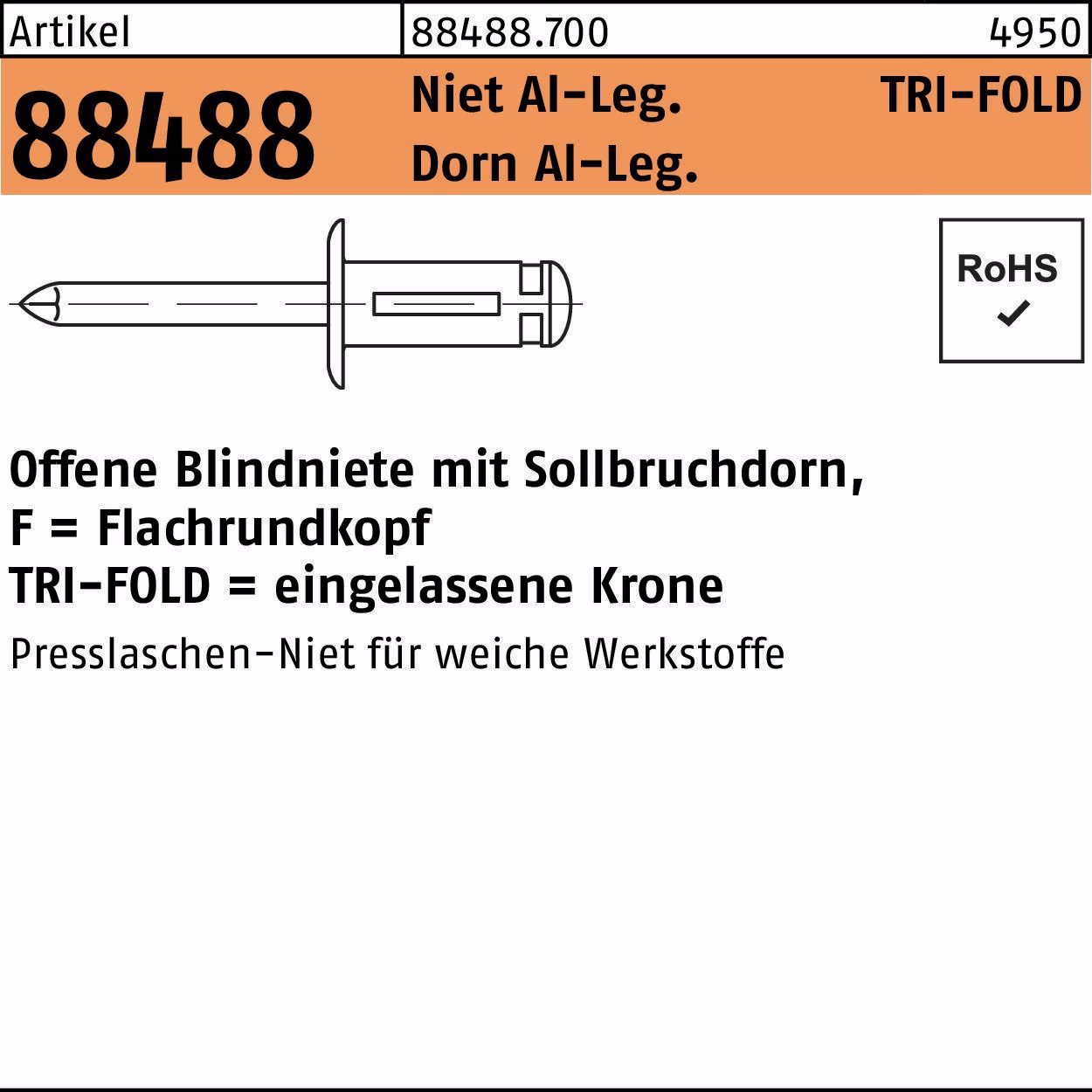 Blindniete R 88488 Flachrundkopf Niet Alu/Dorn Alu 250St
