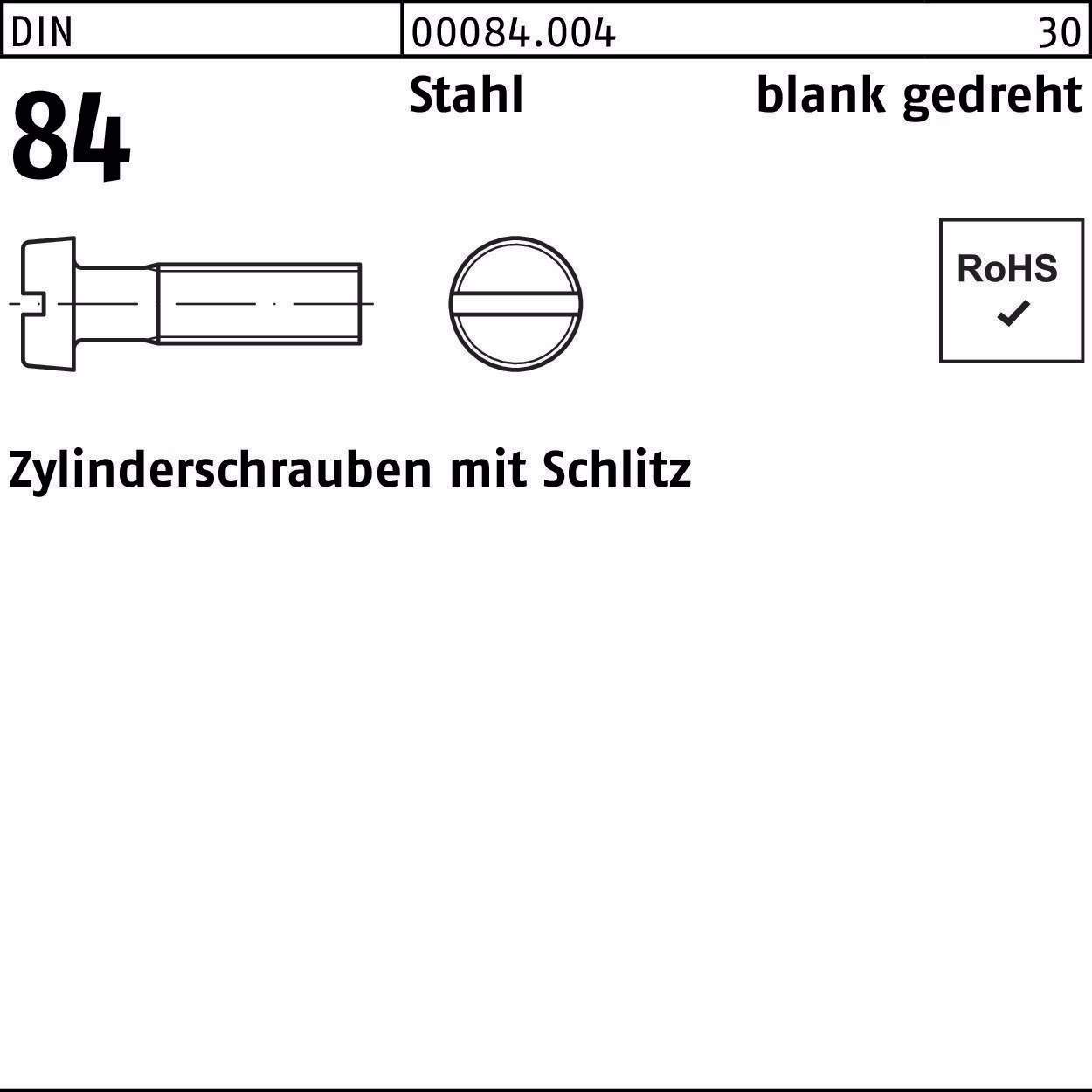 Zylinderschraube DIN 84 m.Schlitz M1,2x 8 Stahl blank gedreht 100 Stück