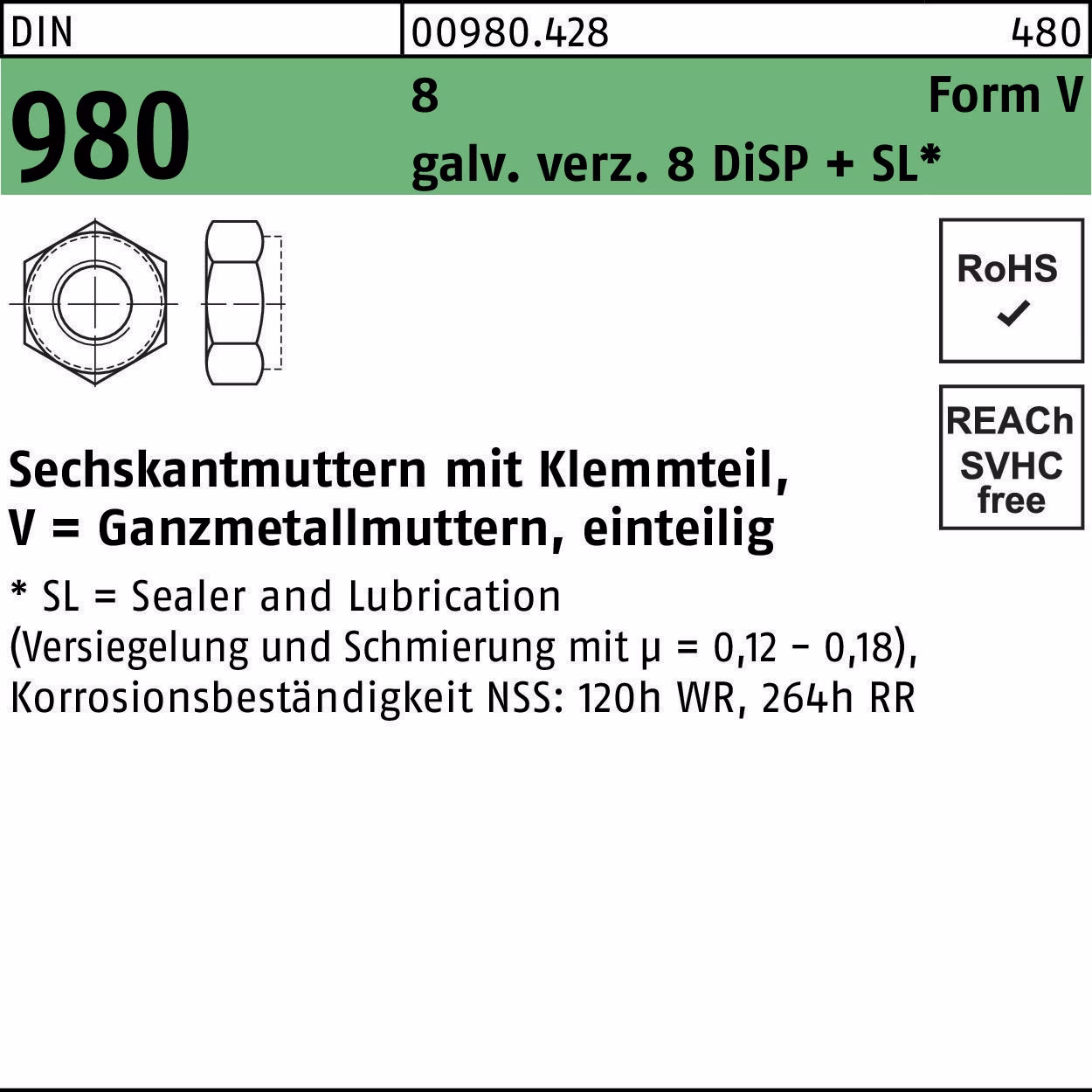 Sechskantmutter DIN 980 Klemmteil V 8 galv.verz. DISP