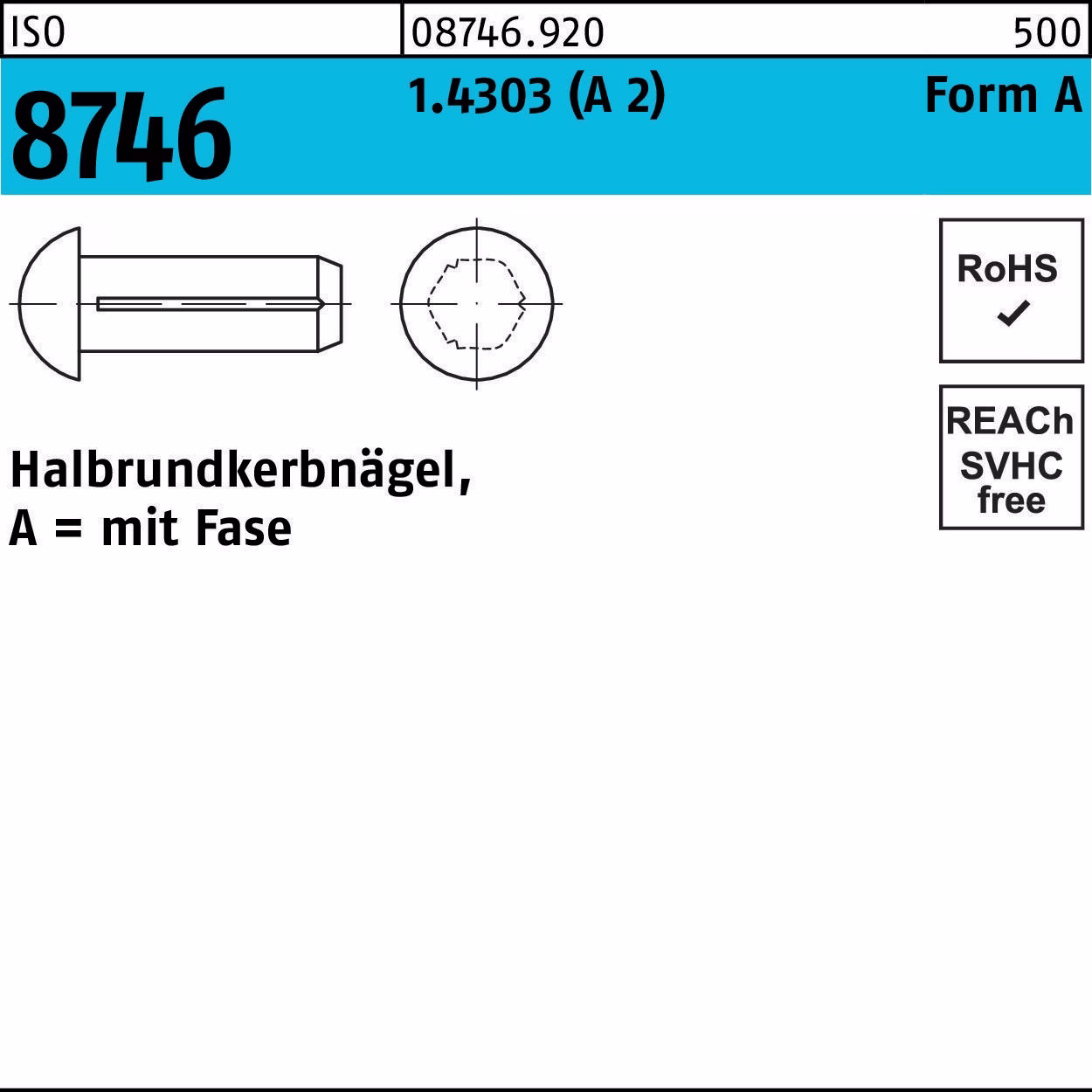 Halbrundkerbnagel ISO 8746 Fase 1,4x 4 1.4303 (A 2) 100 Stück