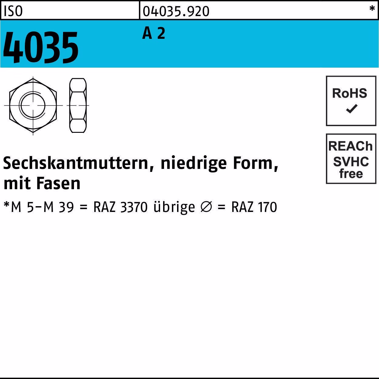 Sechskantmutter ISO 4035 niedrig Fasen M12 A 2 50 Stück