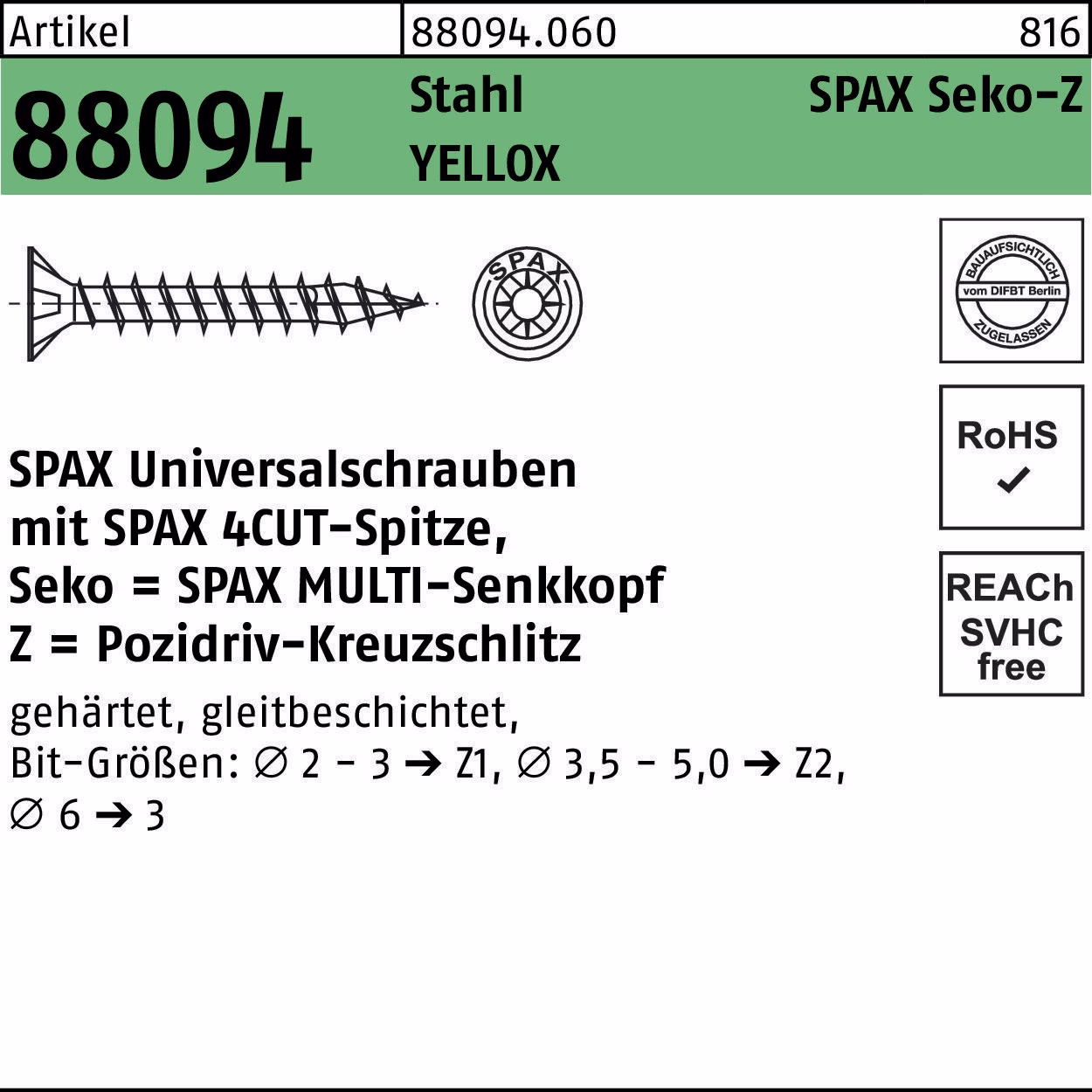 Schraube R 88094 SEKO Spitze/PZ 3,5x25/20-Z Stahl galv.verz. gelb 1000St