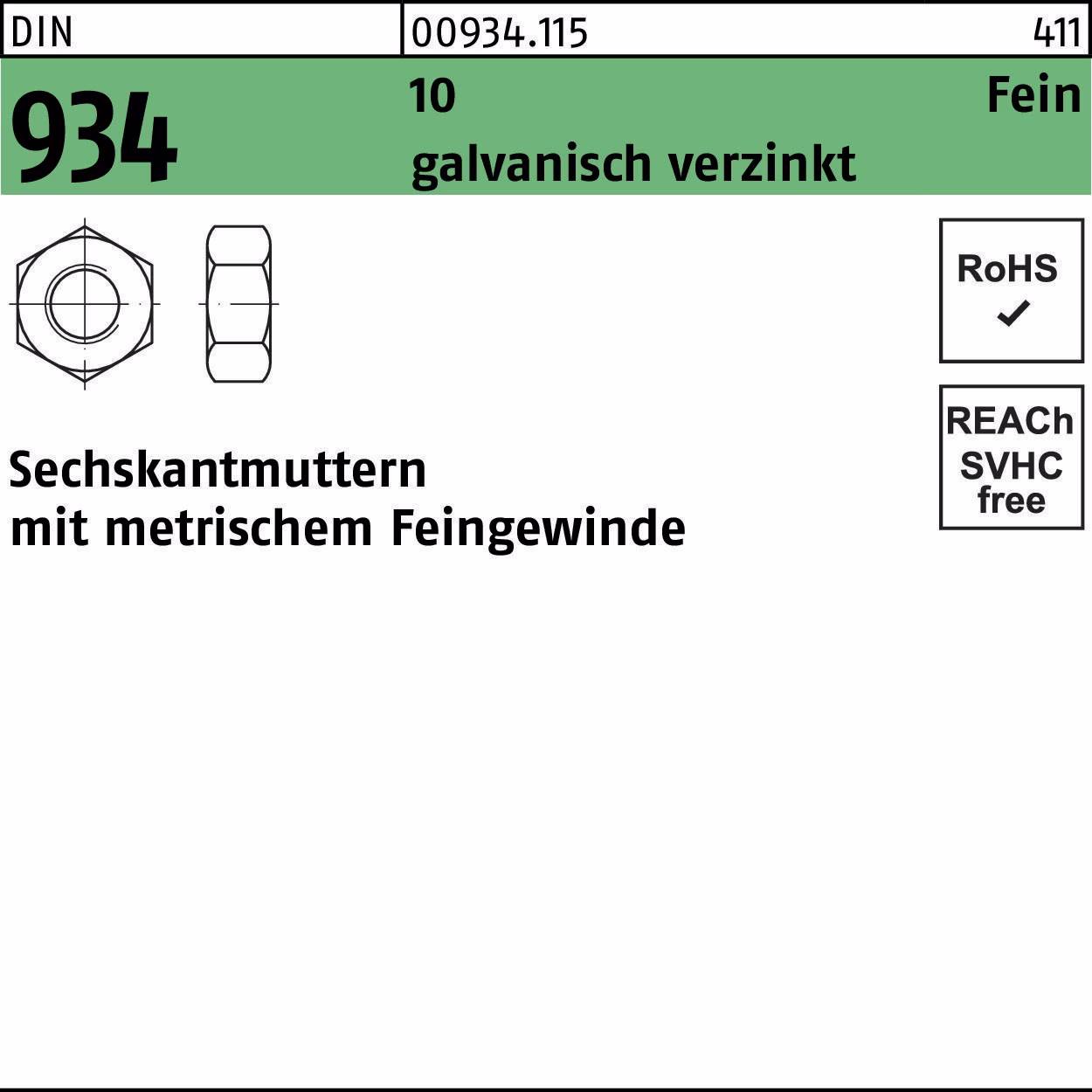 Sechskantmutter DIN 934 10 galvanisch verzinkt