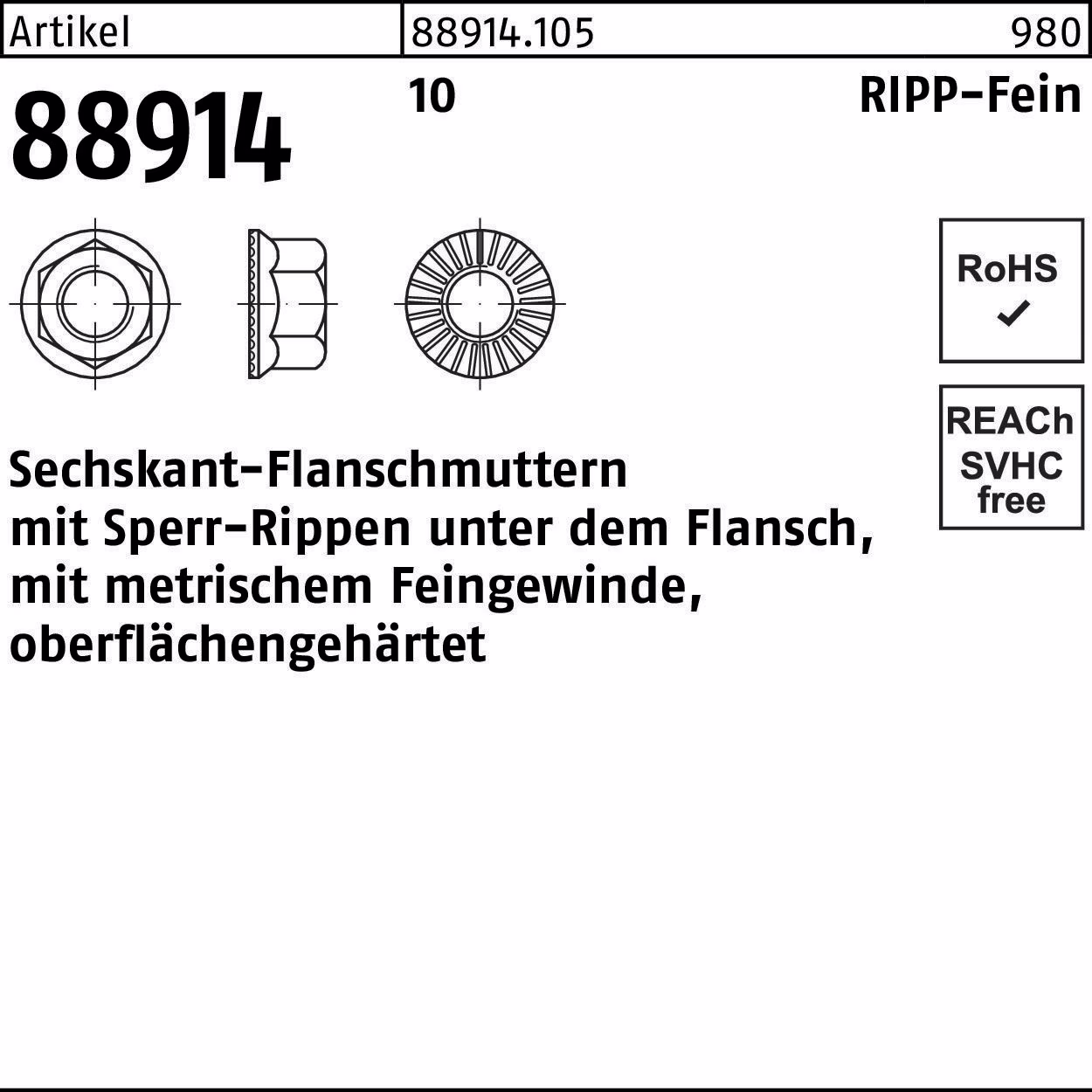 Sechskantflanschmutter R 88914 Sperr-Ripp M14x 1,5 10 100 Stück