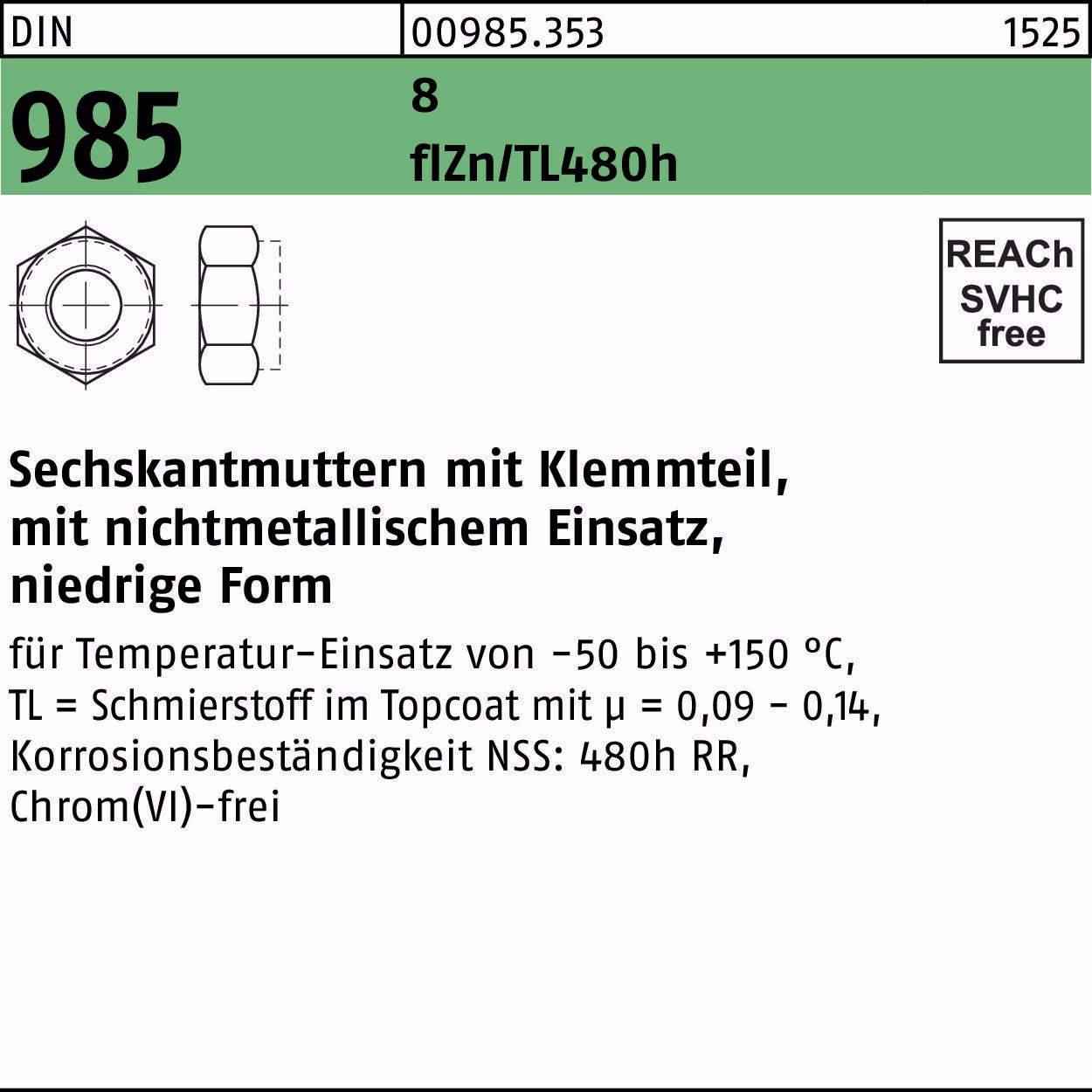 Sechskantmutter DIN 985 Klemmteil M14 8 flZn/nc/TL/x/480h/C 100 Stück