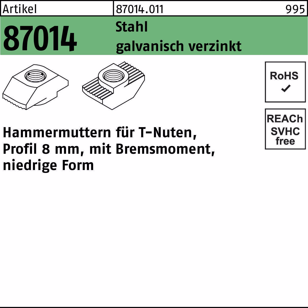 Hammerkopfmutter R 87014 niedrig 8mm Stahl galv.verz.