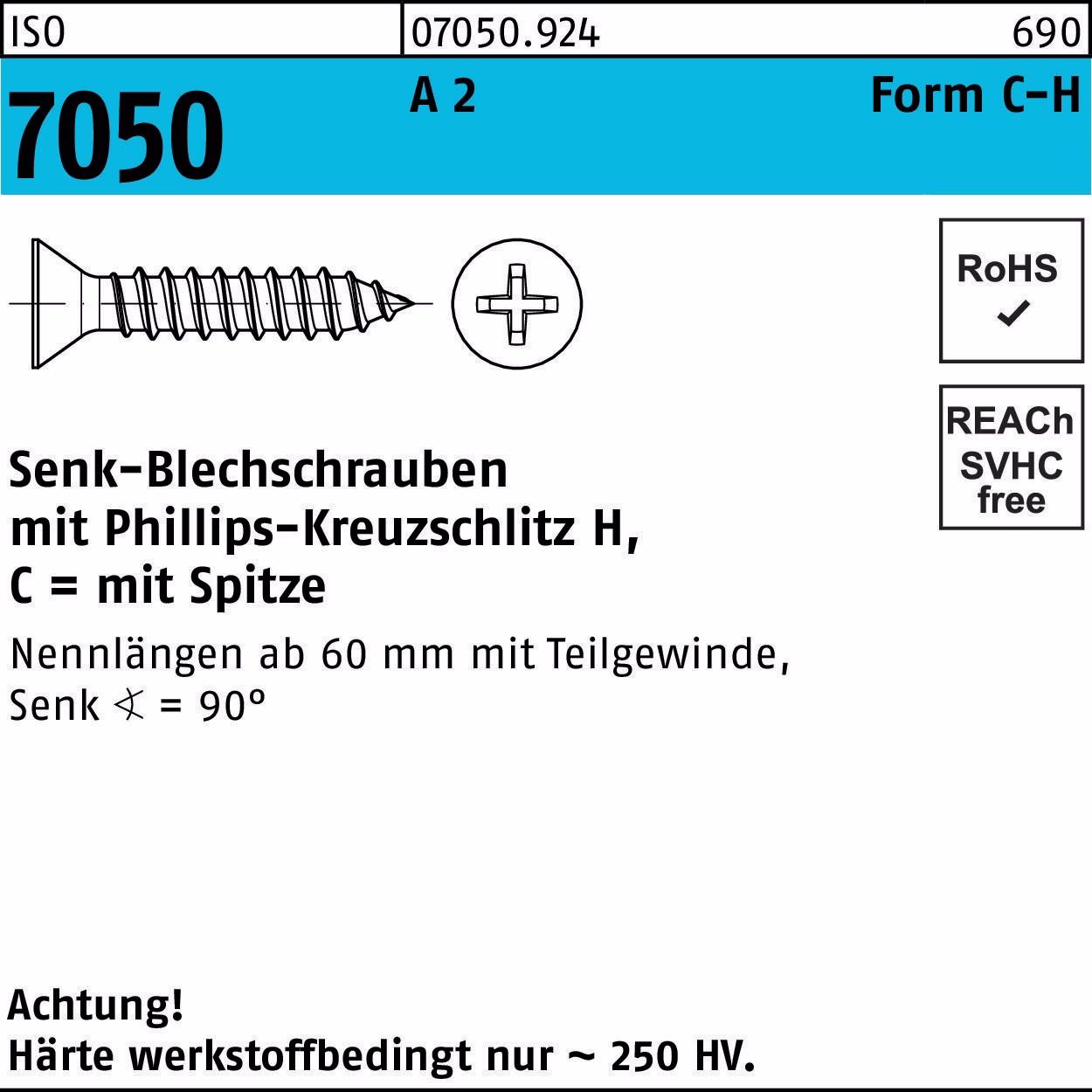 Blechschraube ISO 7050 SEKO Spitze/PH 2,9x 9,5-C-H A 2 1000Stück