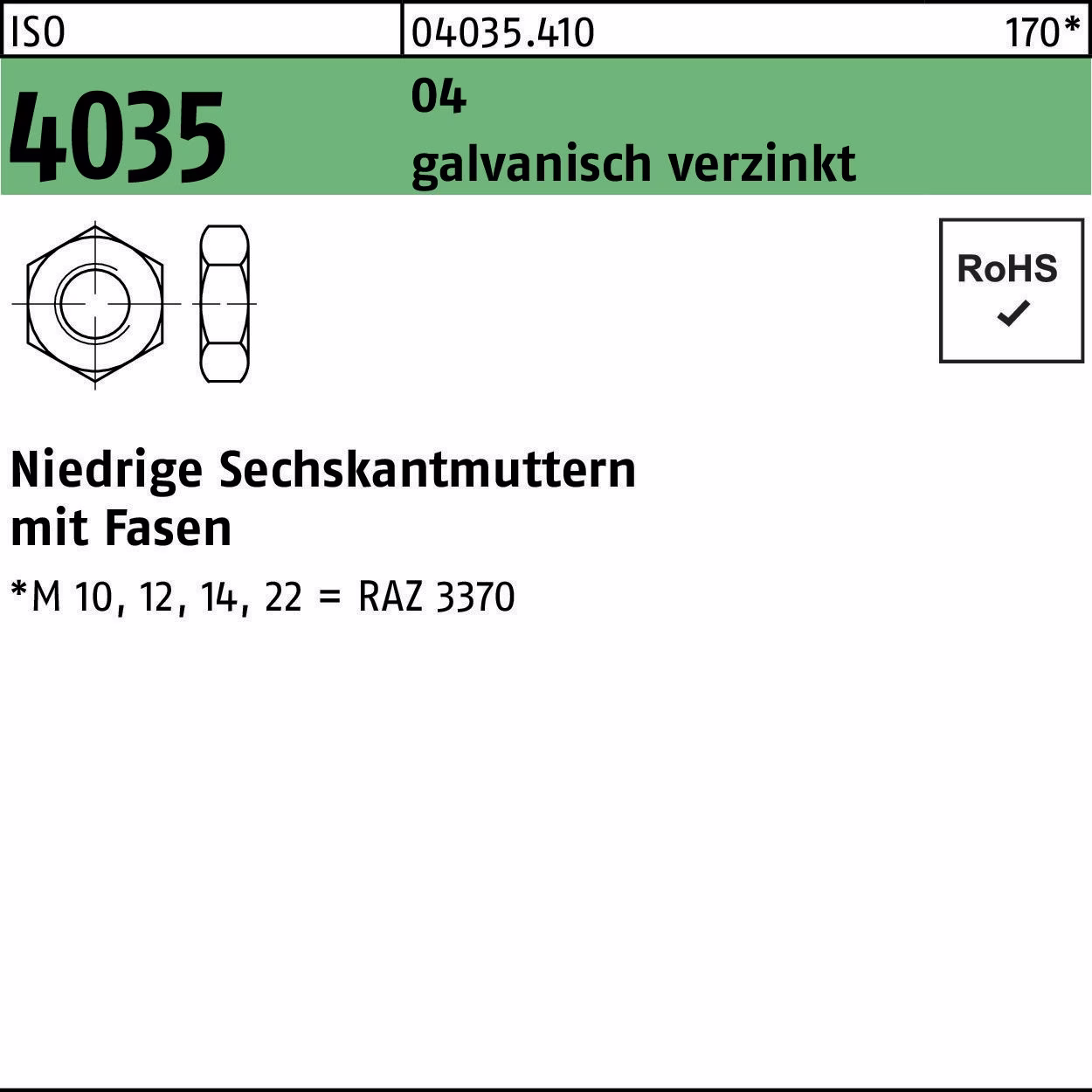 Sechskantmutter ISO 4035 niedrig Fasen M2,5 Automatenstahl galv.verz. 1000St.