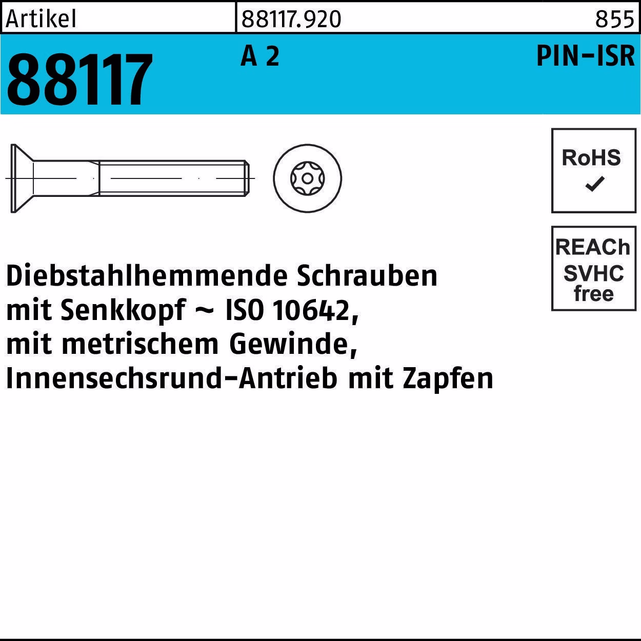 Schraube R 88117 diebstahlh. Seko ISR Zapfen A 2 100