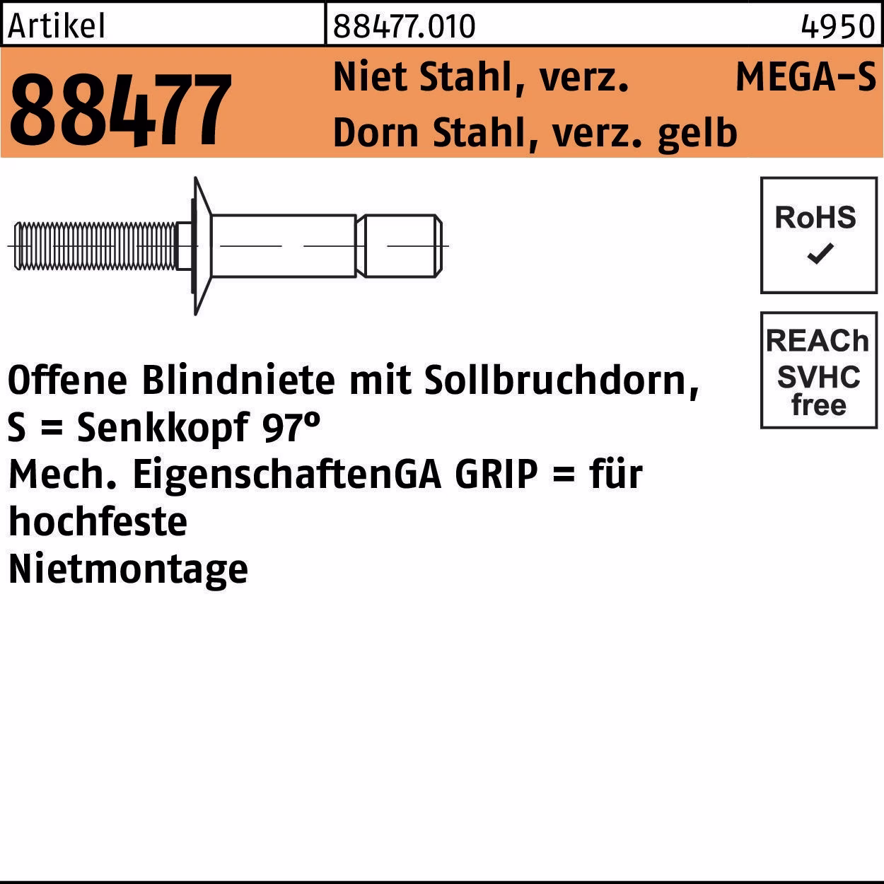 Blindniete R 88474 FLAKO 4,8x10,5 Niet Sta verz/Dorn Sta verz gelb 5000St