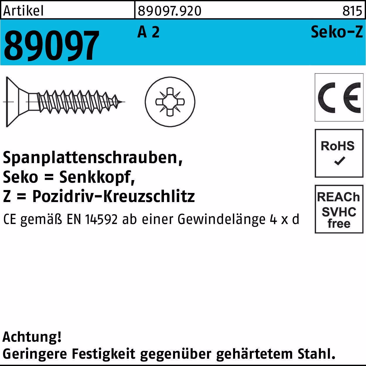 Spanplattenschraube R 89097 SEKO PZ VG 3x 16-Z A 2 200 Stück