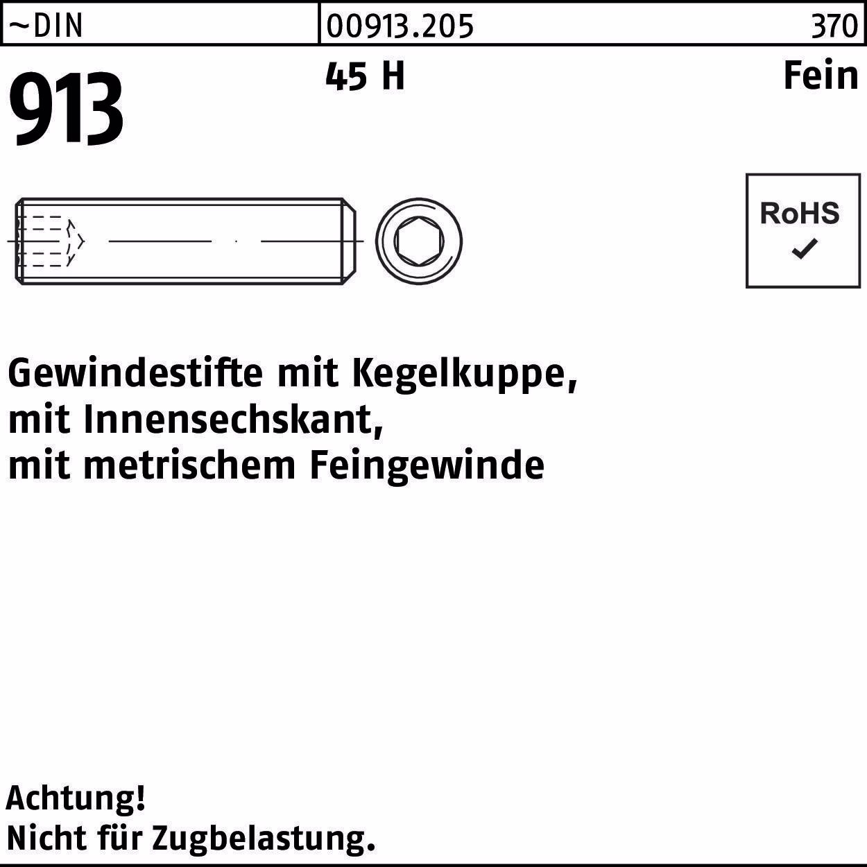 Gewindestift DIN 913 Kegelkuppe/Innen-6kt M12x1x45 45 H Feingew. 100St.