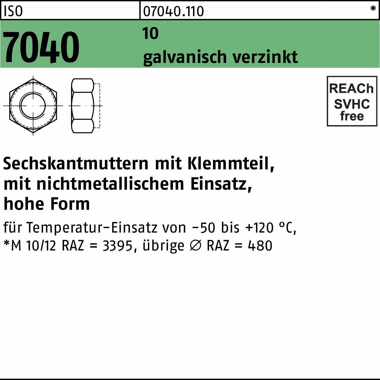 Sechskantmutter ISO 7040 Klemmteil 10 galv.verz.