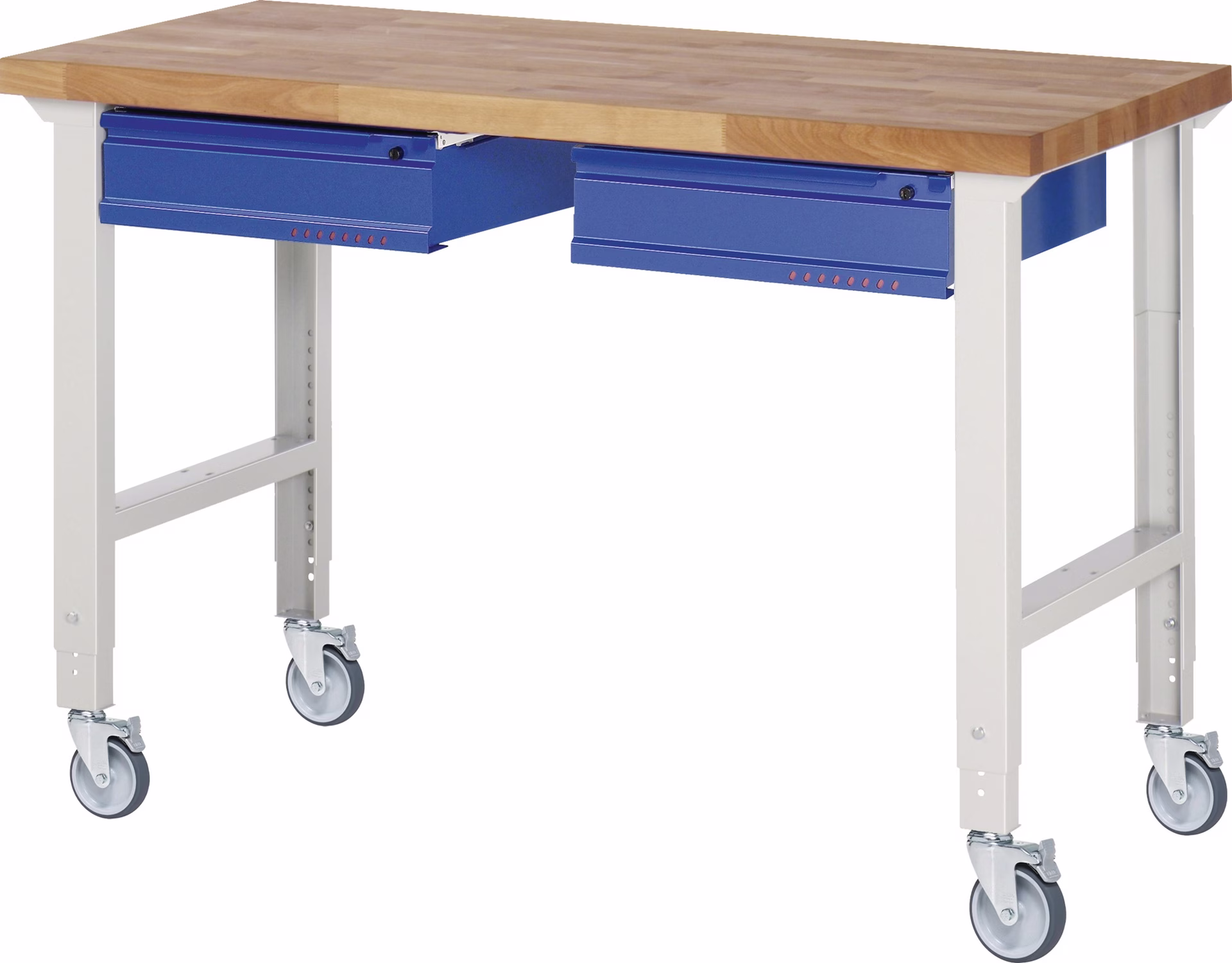 Werkbank B1500xT700xH950-1000mm Buche massiv lichtgrau/blau 2Schubl
