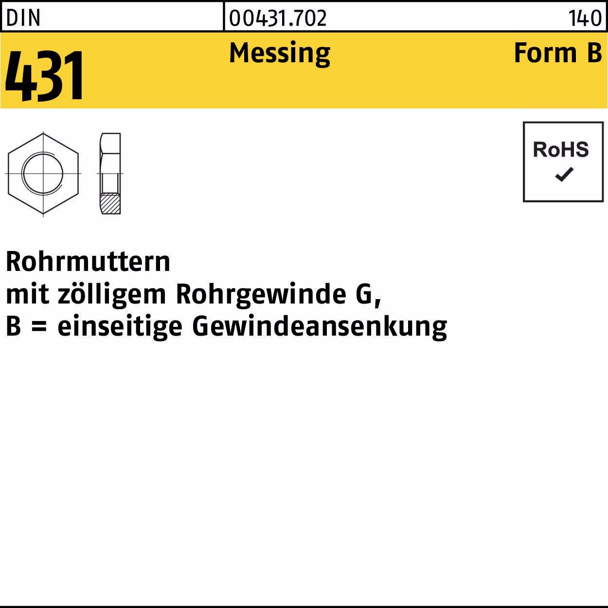 Rohrmutter DIN 431 BG 1/2 SW32 Messing 50 Stück