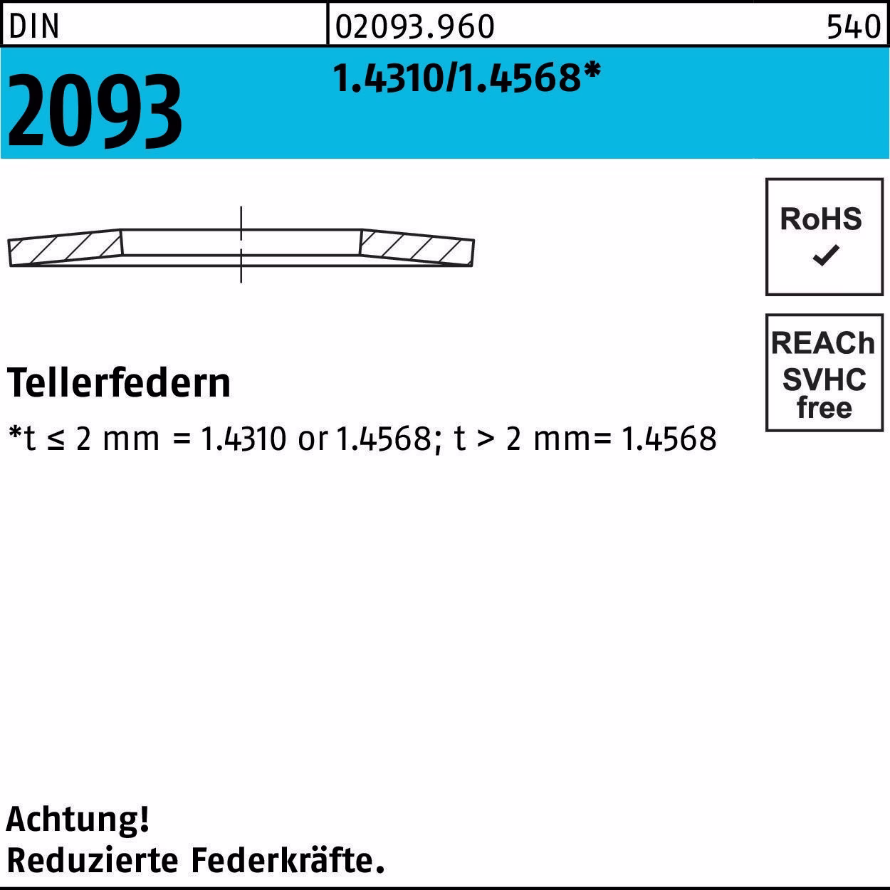 Tellerfeder DIN 2093 18x 9,2x0,7 1.4310/1.4568 200 Stück