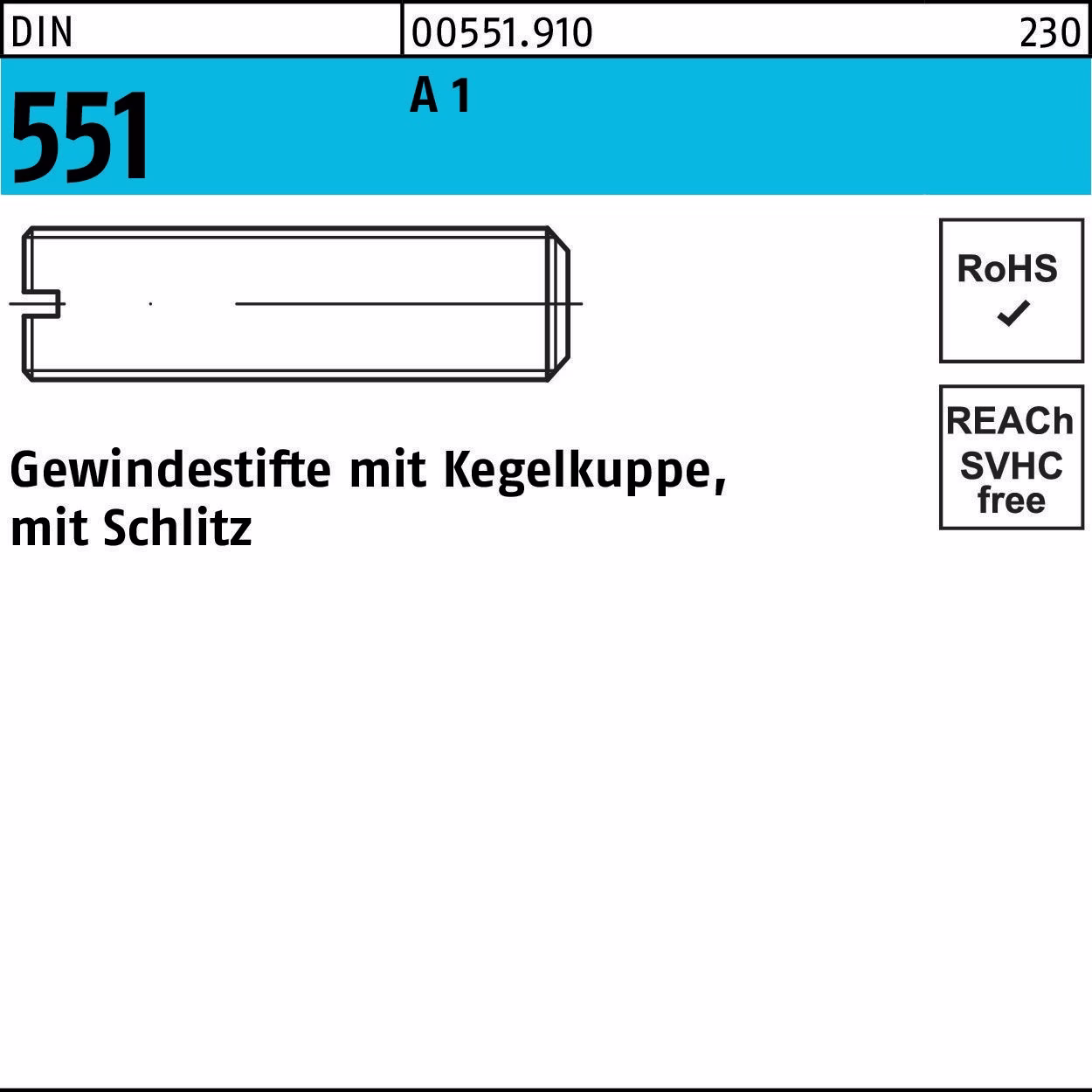 Gewindestift DIN 551 m.Kegelkuppe/Schlitz M5x 6 A1/1.4305 50 Stück