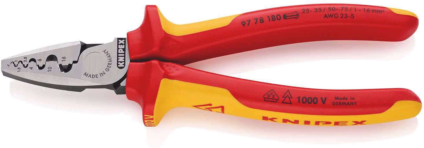 Aderendhülsenzange Gesamt-L.180mm 0,25-16,0(AWG 23-5)mm² pol.Mehrkomp-Hüllen VDE
