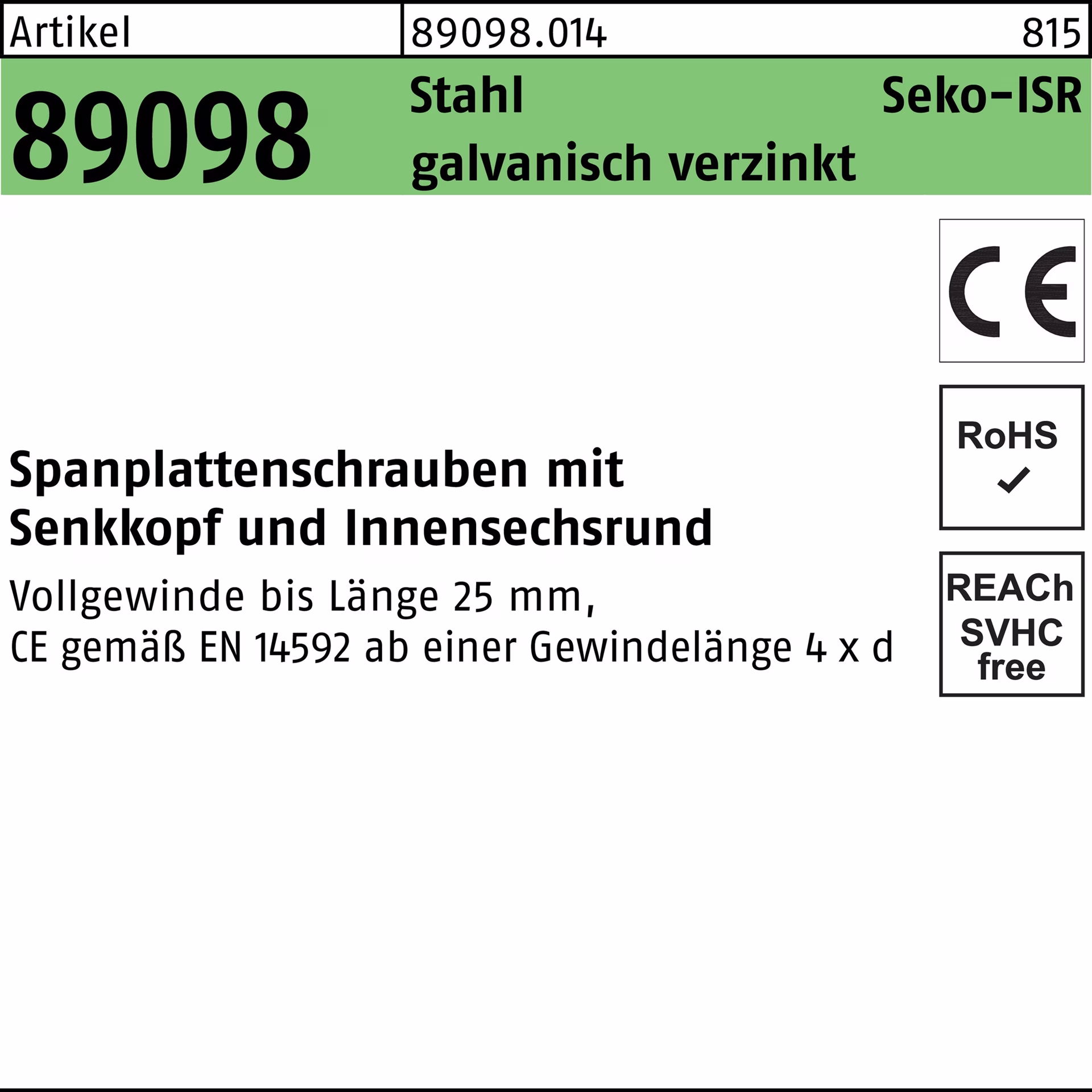 Spanplattenschraube R 89098 SEKO TG ISR -T30 Stahl galv.verz. 100St. FS