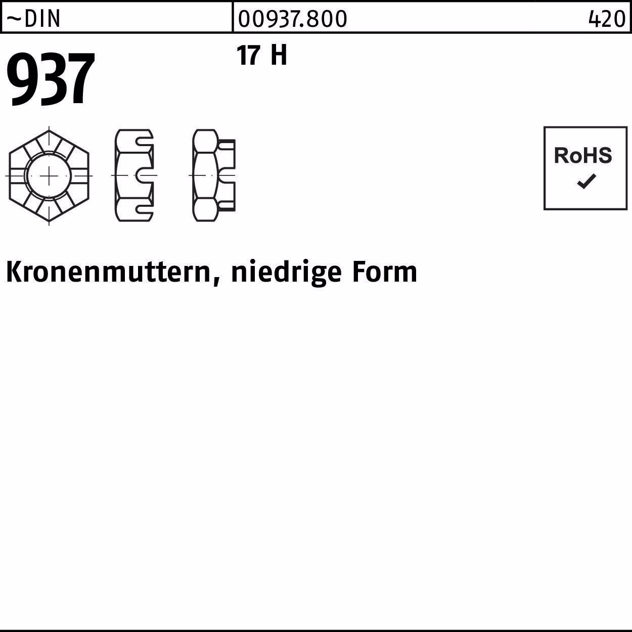 Kronenmutter DIN 937 niedrige FormM14 17 H 50 Stück