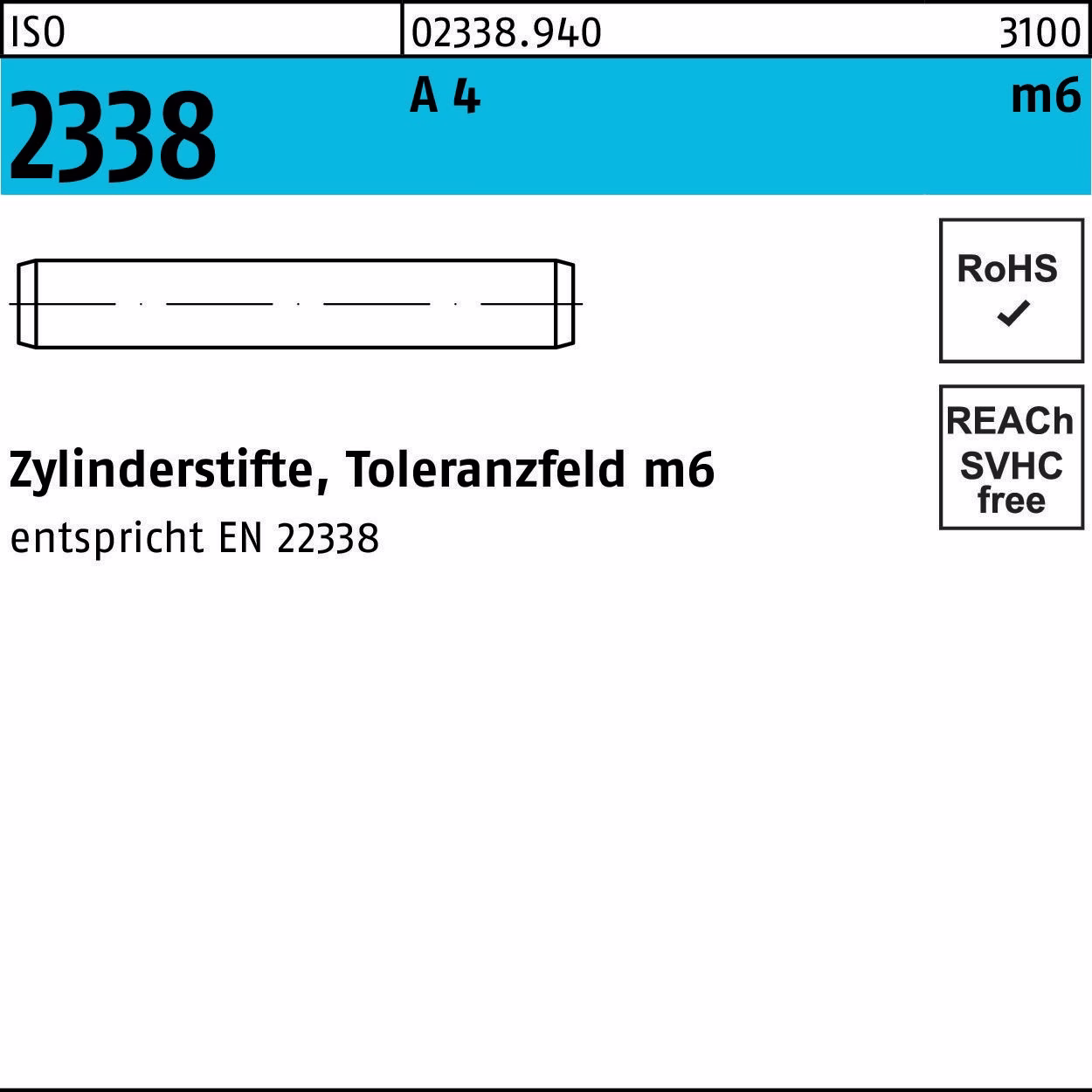 Zylinderstift ISO 2338 6 m6x 60 A 4 100 Stück