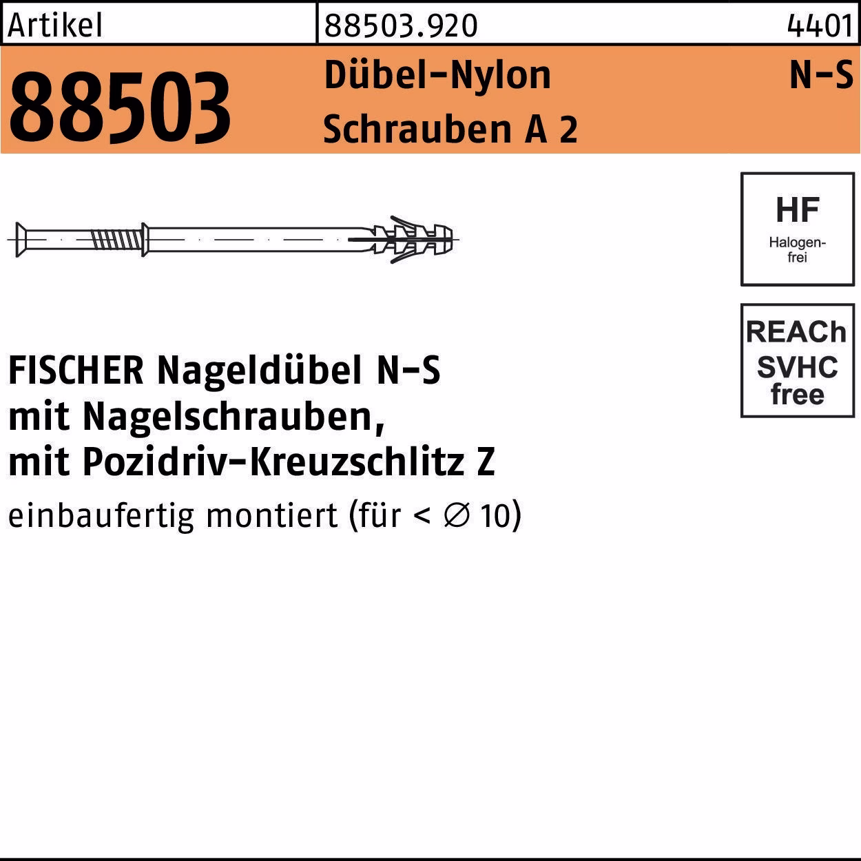 Nageldübel R 88503 N-S Schrauben A 2/Dübel-Nylon