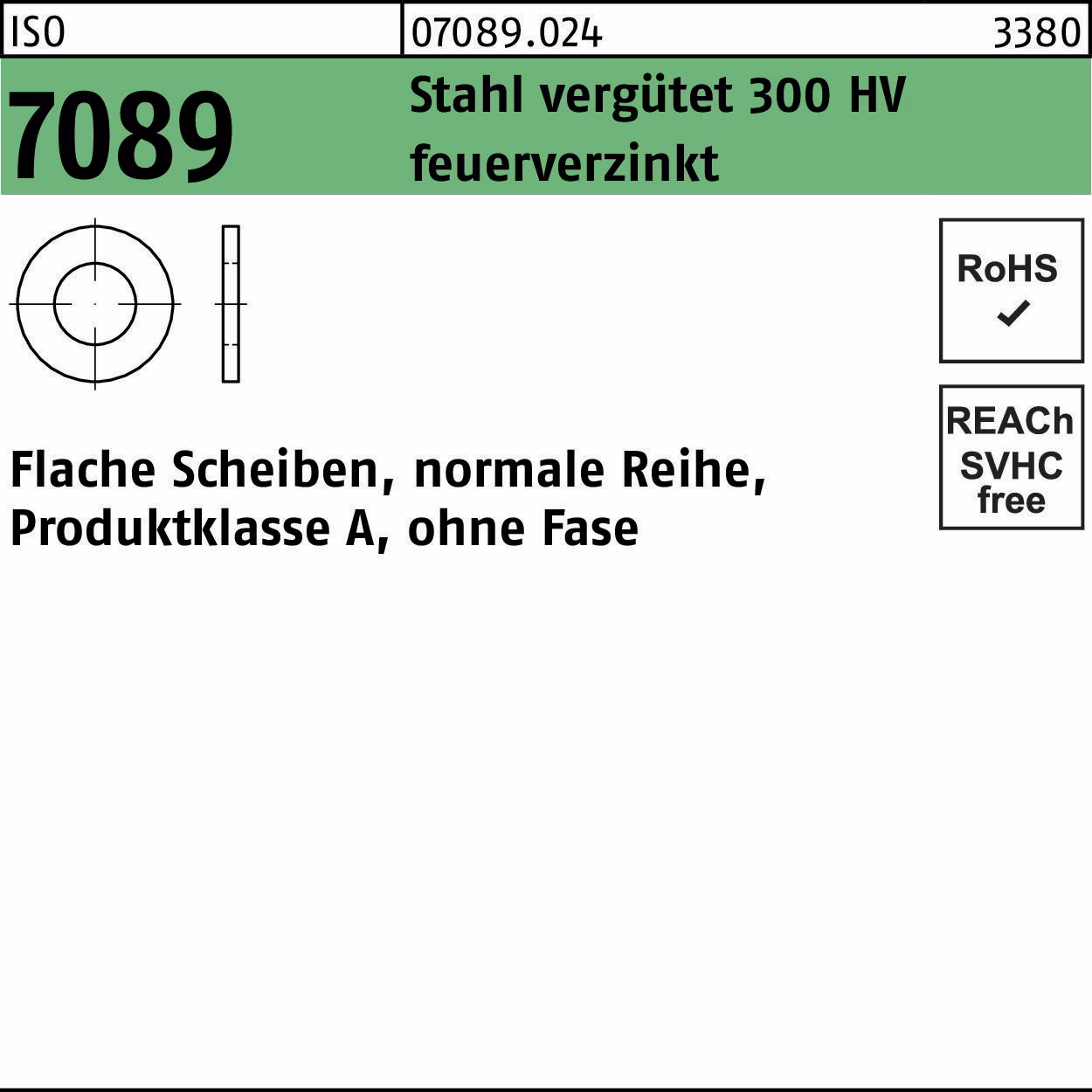 Unterlegscheibe ISO 7089 o.Fase 16 Stahl vergütet 300 HV feuerverz. 250 Stück