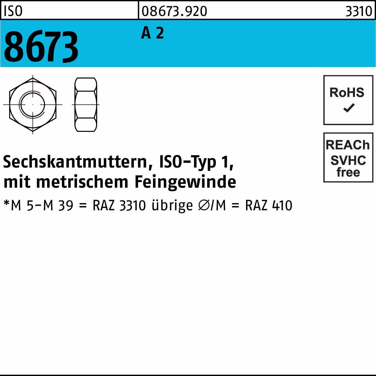 Sechskantmutter ISO 8673 M10x 1 A 2 50 Stück