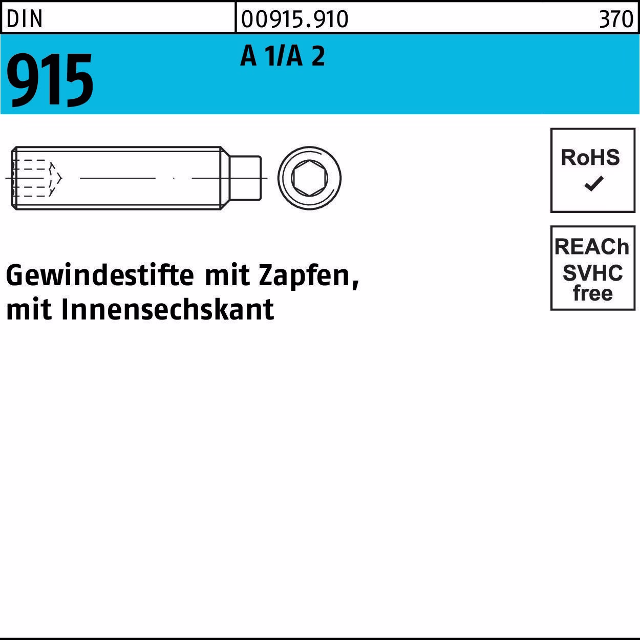 Gewindestift DIN 915 Zapfen/Innen-6kt M12x 16 A1/A2 50 Stück