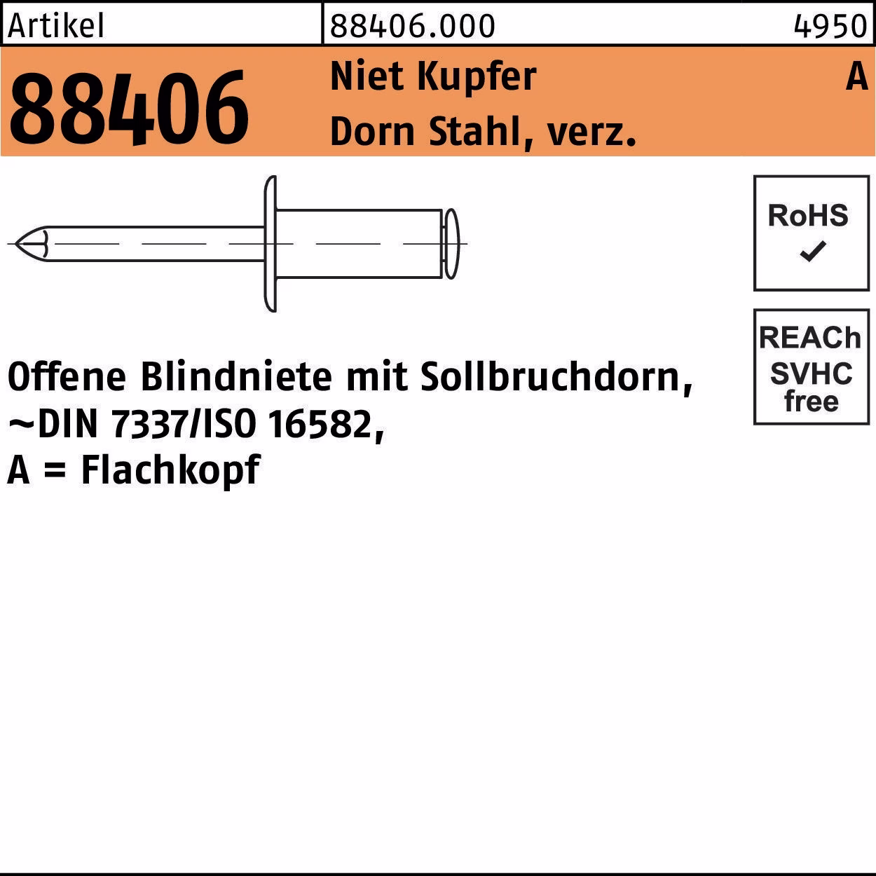 Blindniete R 88406 FLAKO Niet Kupfer/Dorn Stahl verz. 500