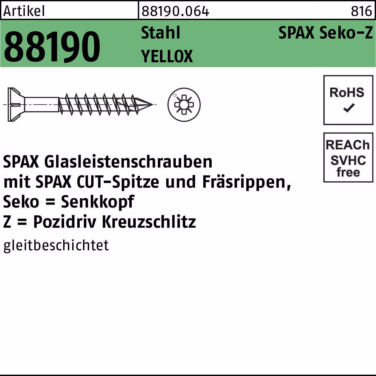 Glasleistenschraube R 88190 Seko m.Kreuzschlitz-PZ 3,5 x 40/23-Z2 200 Stück SPAX
