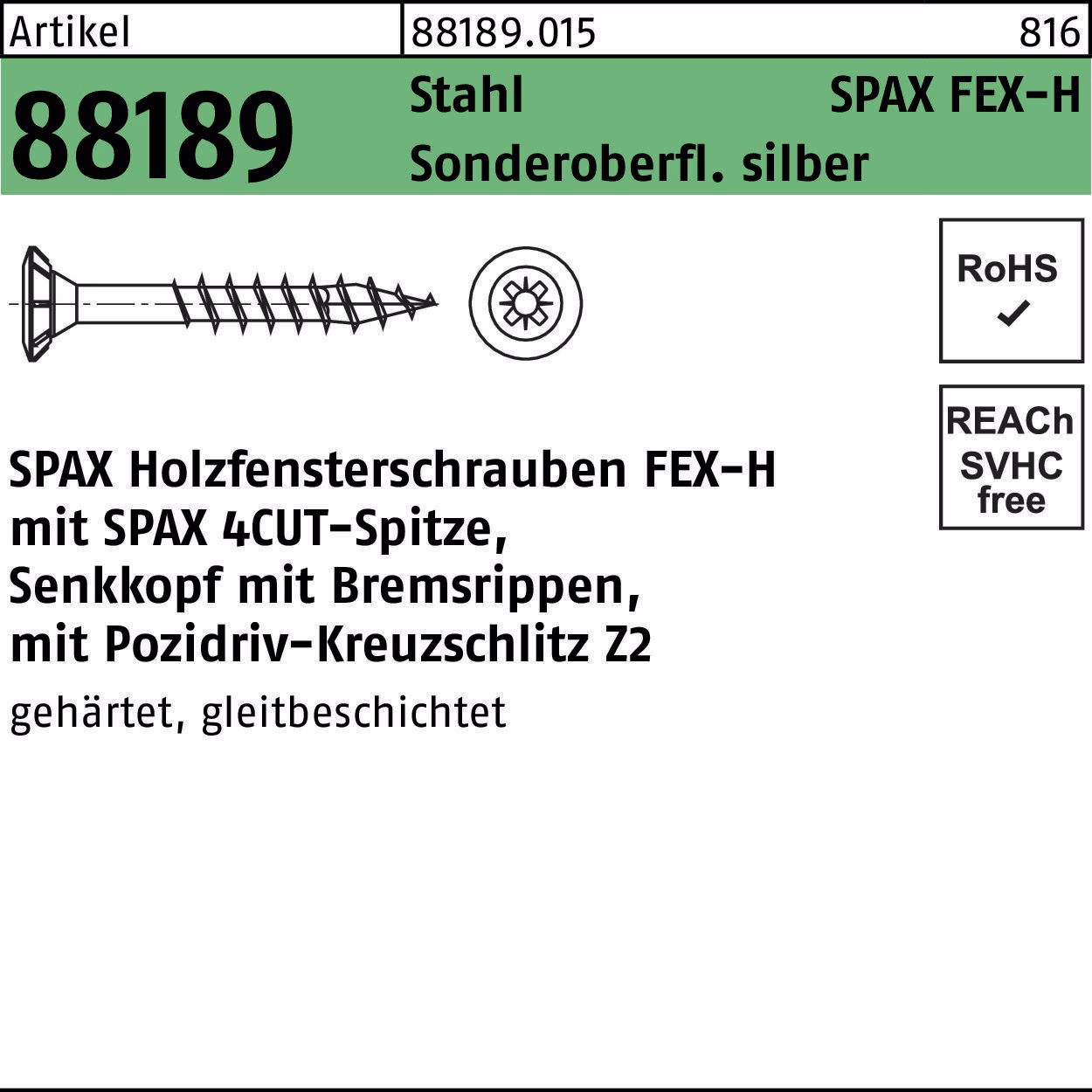 Holzfensterschraube R 88189 Seko Bremsrippen PZ 4x30-Z Sta silber 1000St