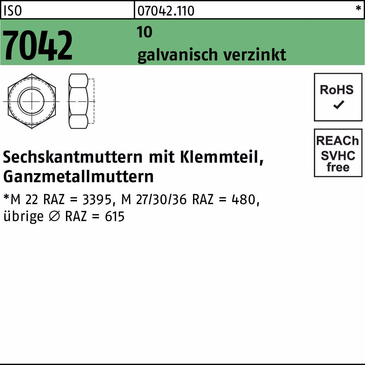Sechskantmutter ISO 7042 Klemmteil M18 10 galv.verz. 50 Stück